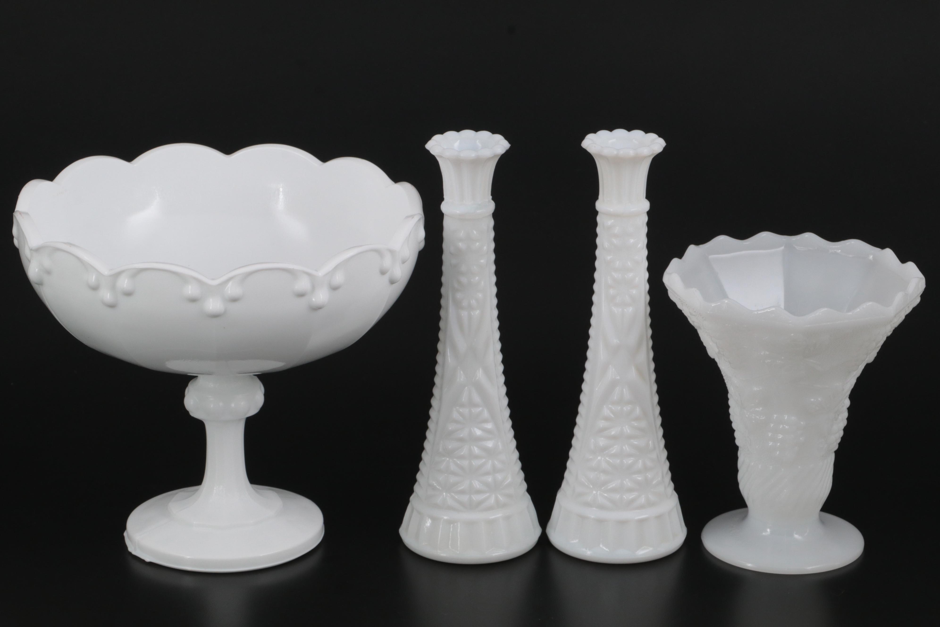 Napco Milk Glass Bonbon Dish with Other Milk, Opaline, and Custard Glass Décor