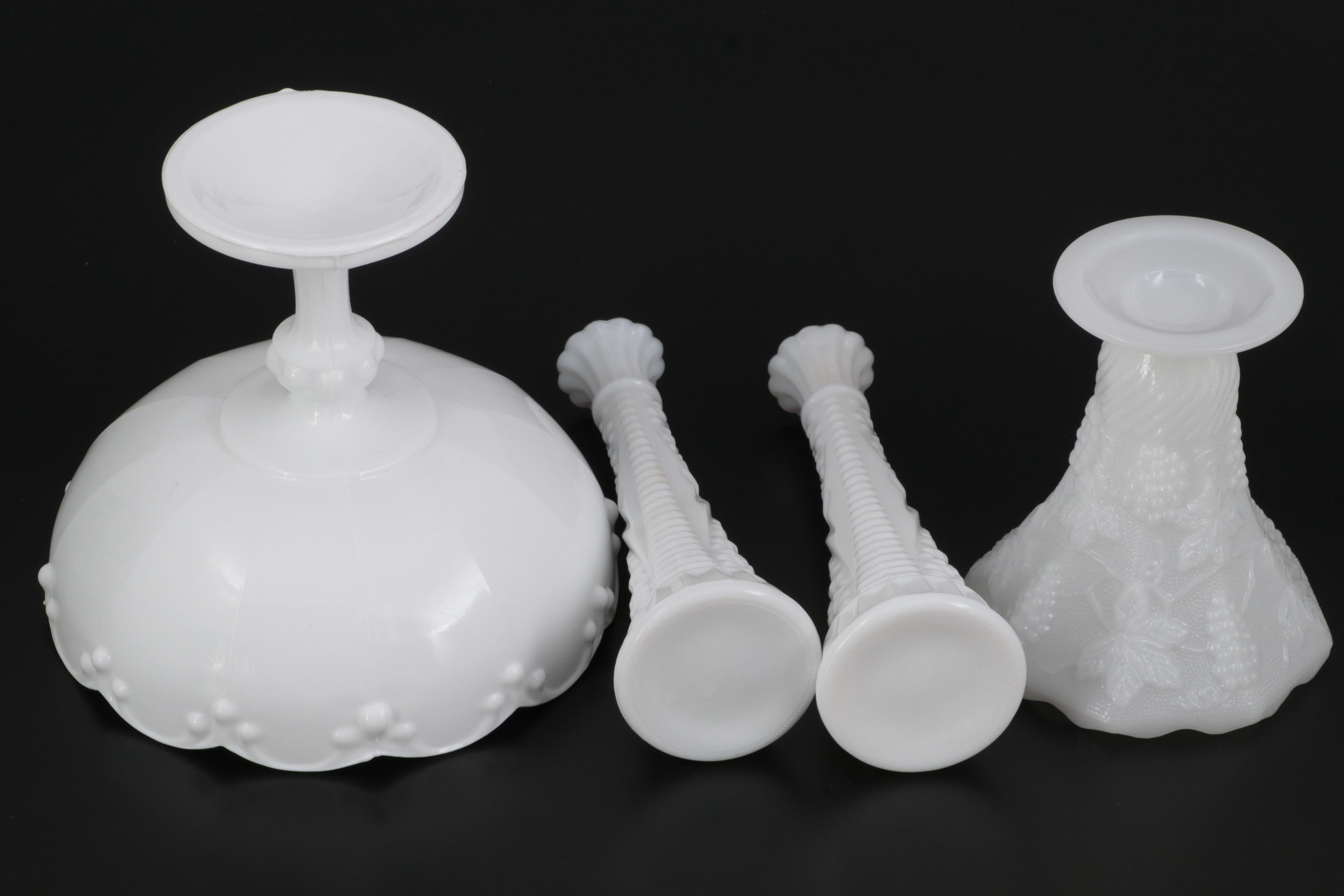 Napco Milk Glass Bonbon Dish with Other Milk, Opaline, and Custard Glass Décor