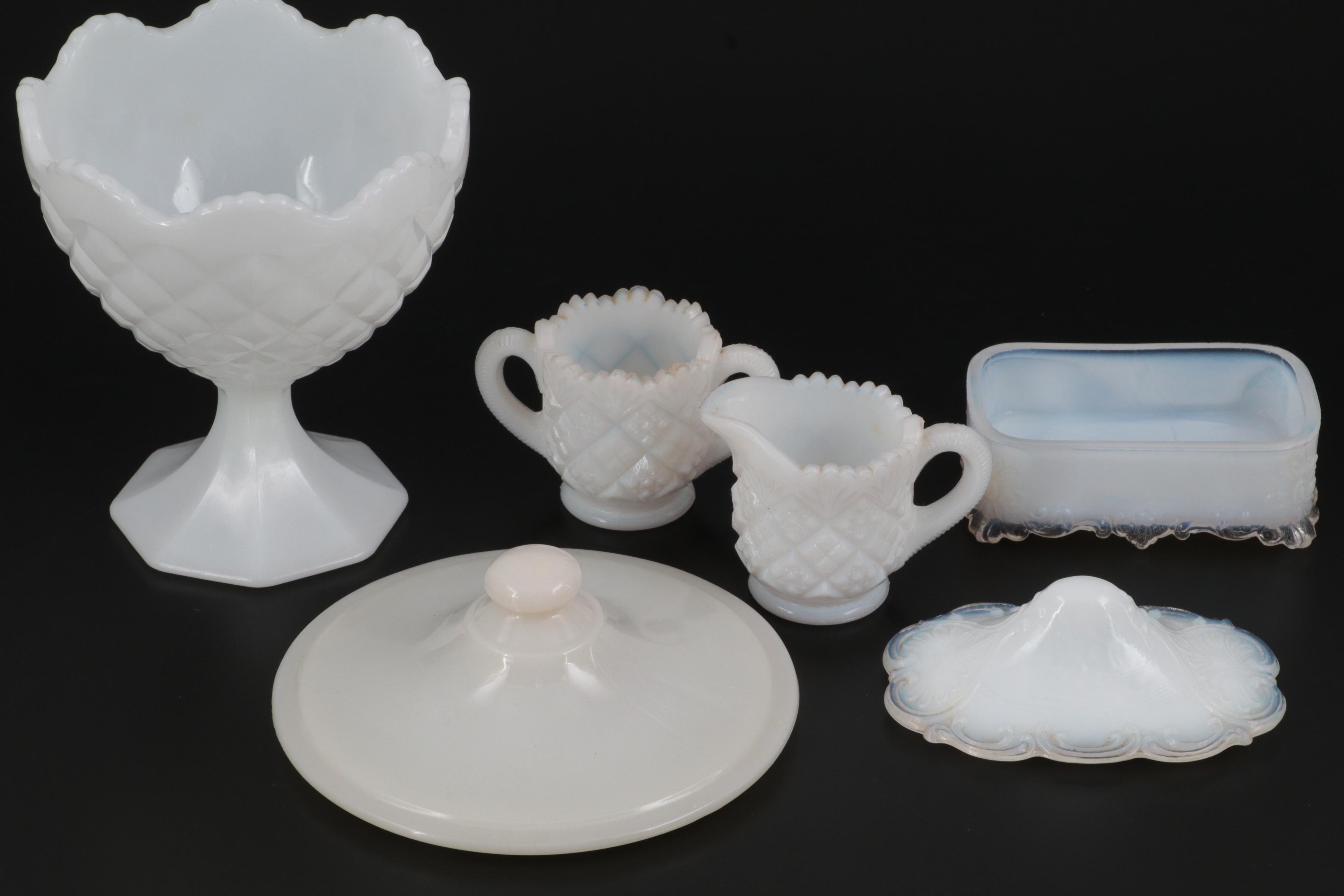 Napco Milk Glass Bonbon Dish with Other Milk, Opaline, and Custard Glass Décor
