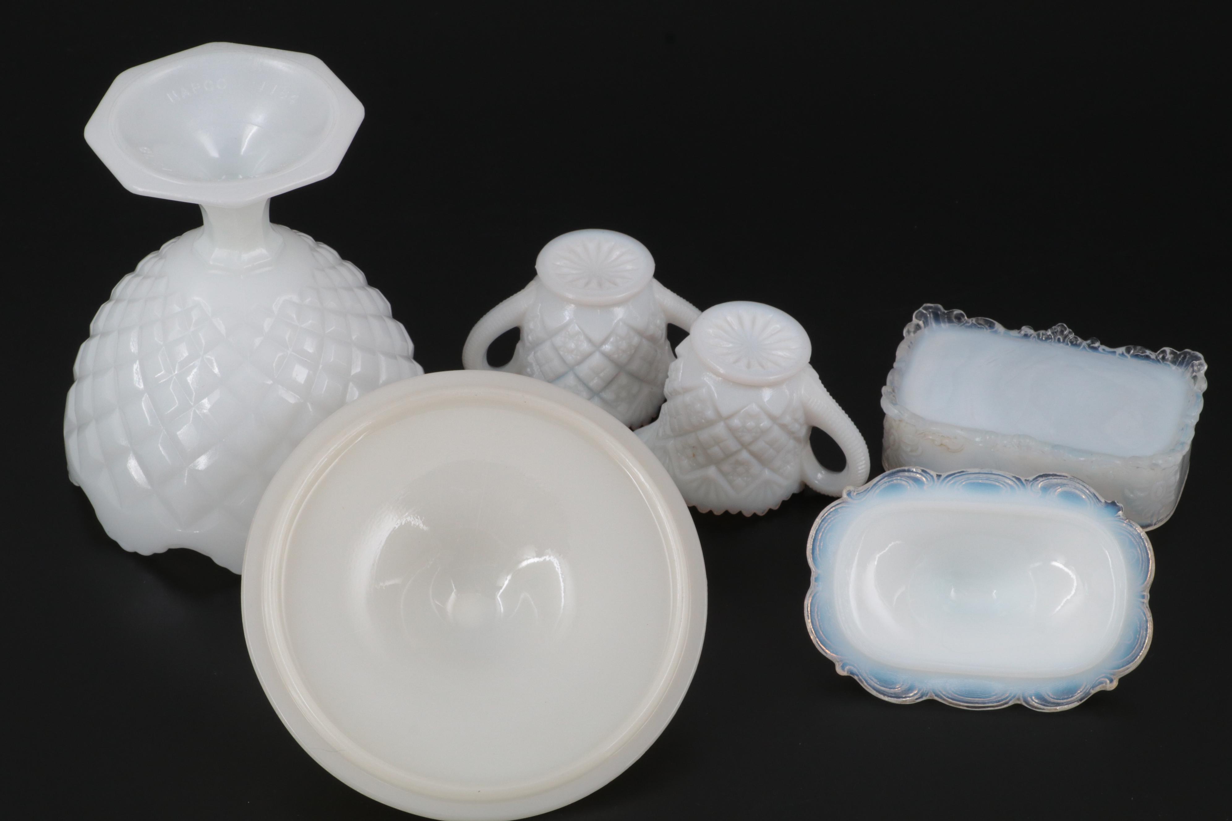 Napco Milk Glass Bonbon Dish with Other Milk, Opaline, and Custard Glass Décor