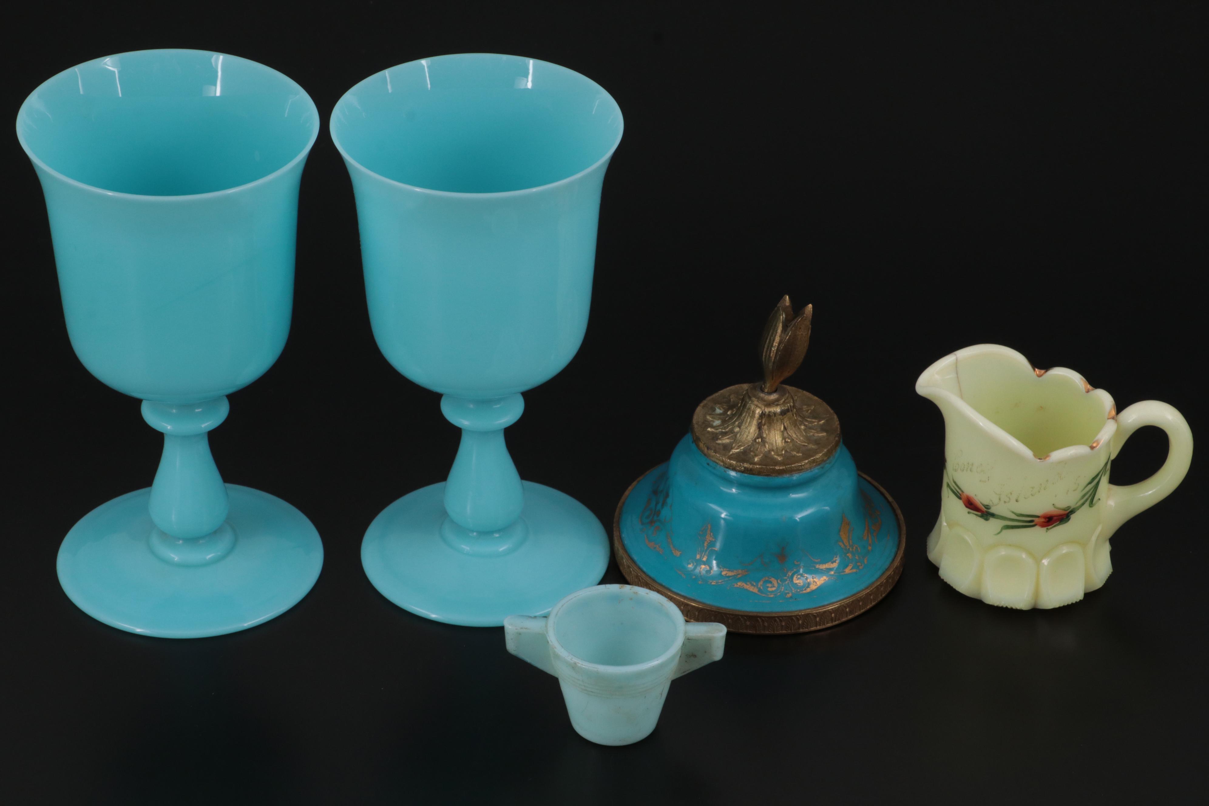 Napco Milk Glass Bonbon Dish with Other Milk, Opaline, and Custard Glass Décor