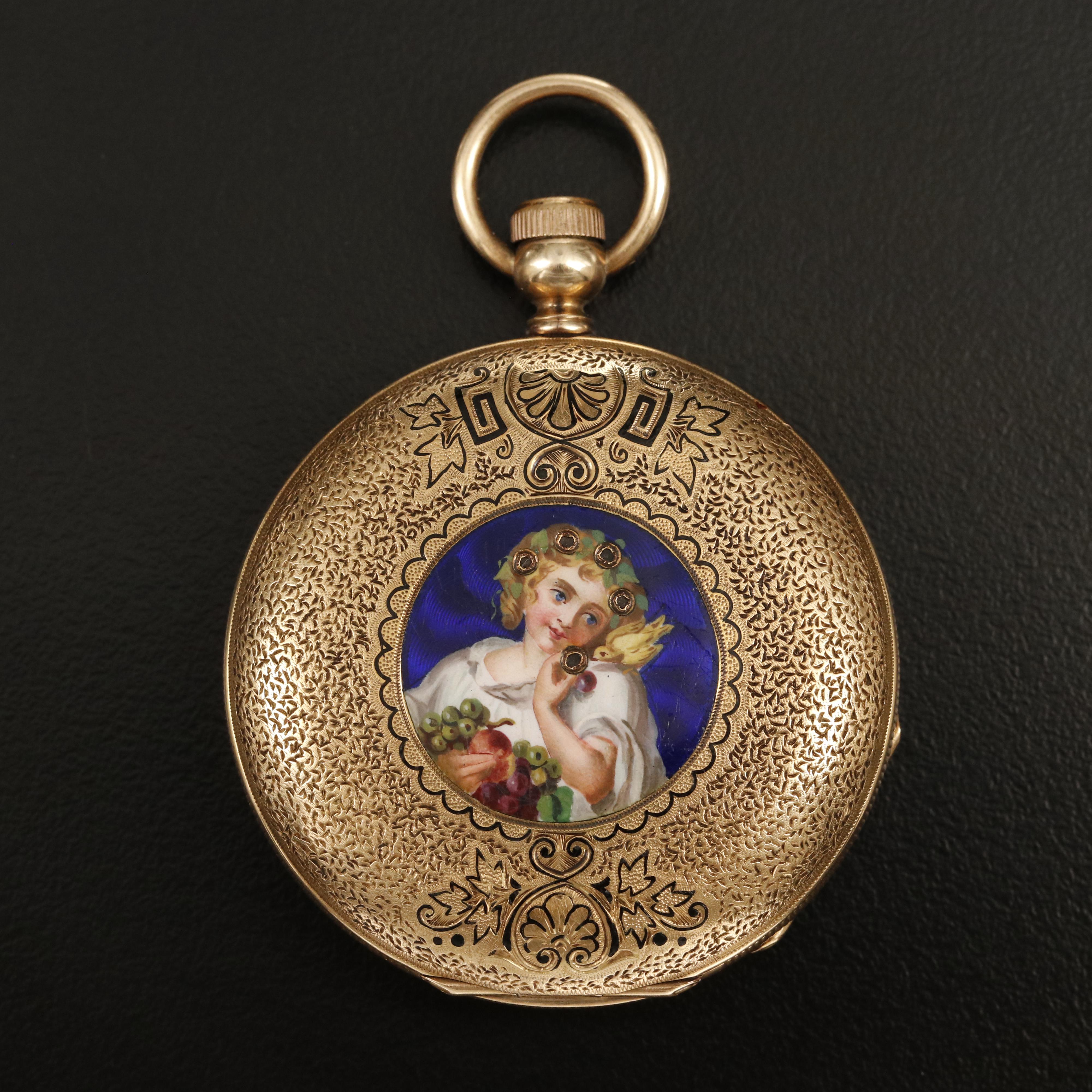 14K Emile Jacot Enamel Hunting Case Pocket Watch