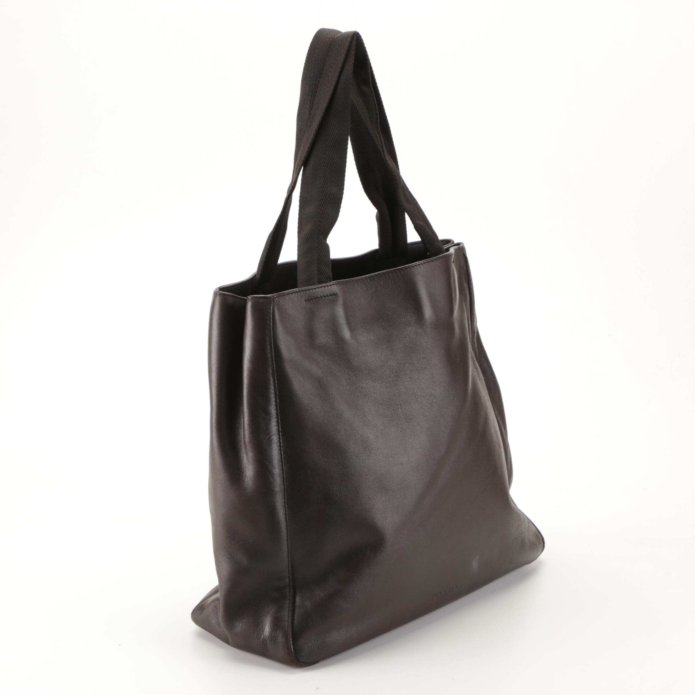 Prada Shoulder Tote Bag in Dark Brown Calfskin Leather