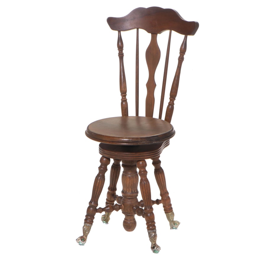 Victorian Style Hardwood Spindle-Back Piano Stool with Adjustable Seat