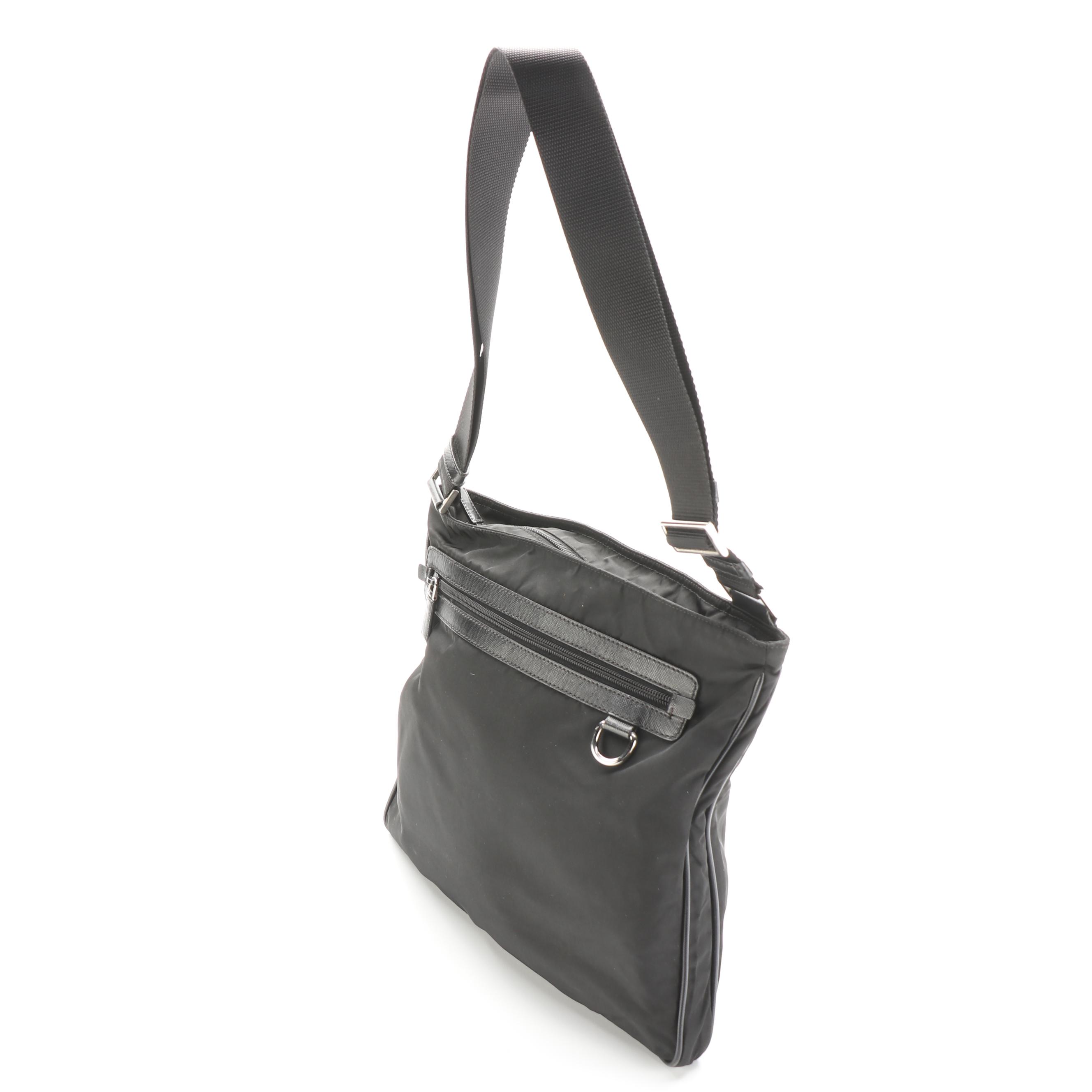 Prada Black Nylon and Leather Flat Messenger Bag