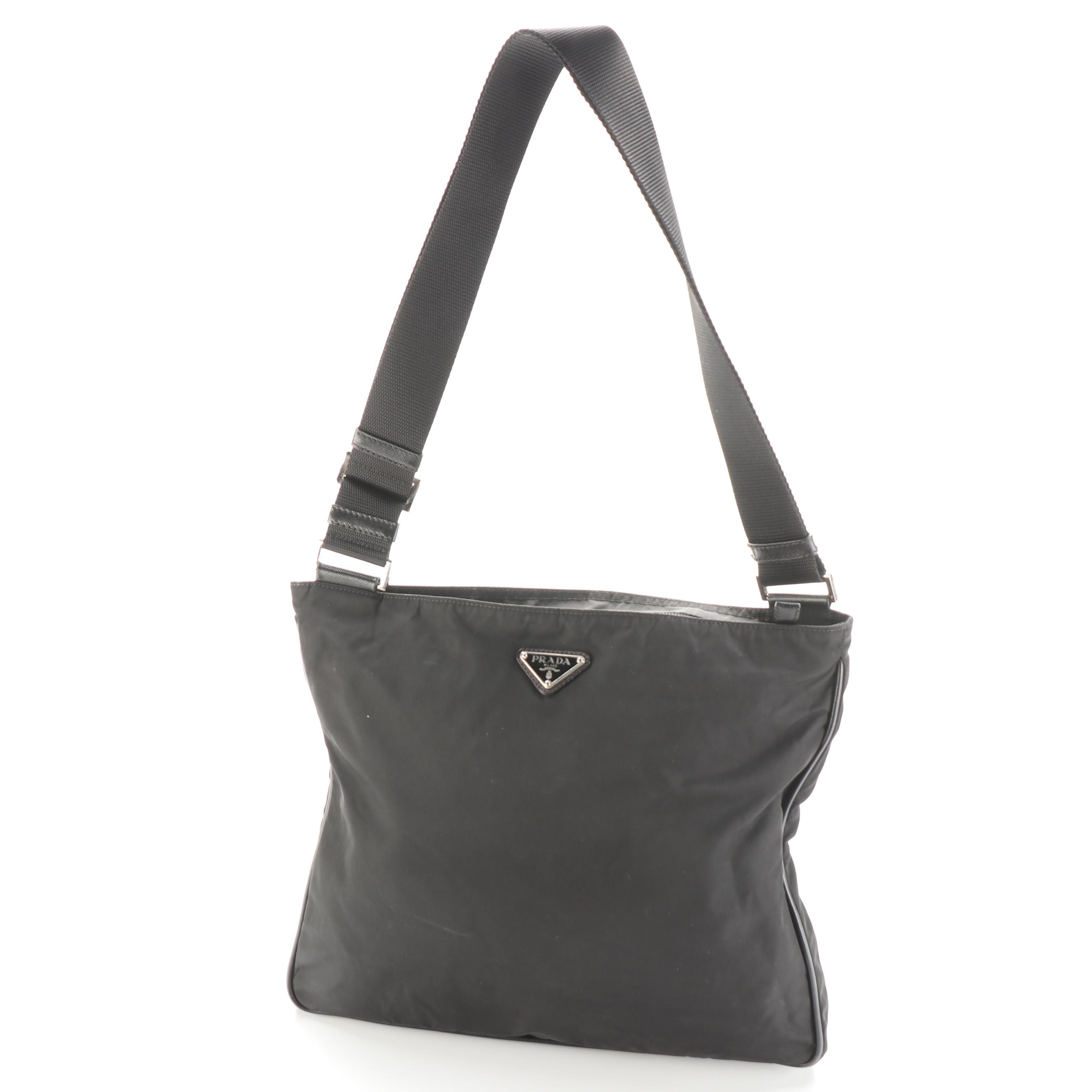 Prada Black Nylon and Leather Flat Messenger Bag