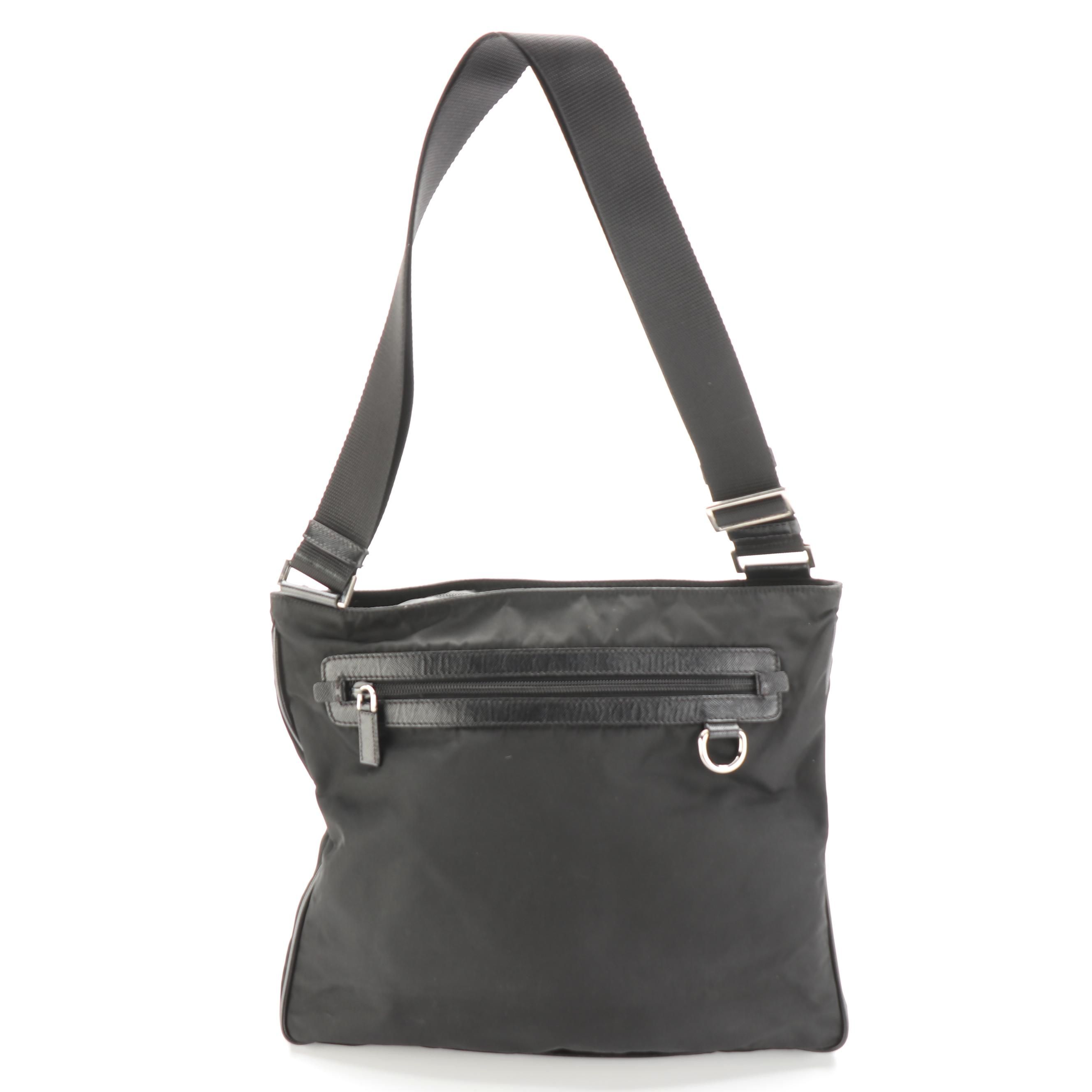Prada Black Nylon and Leather Flat Messenger Bag