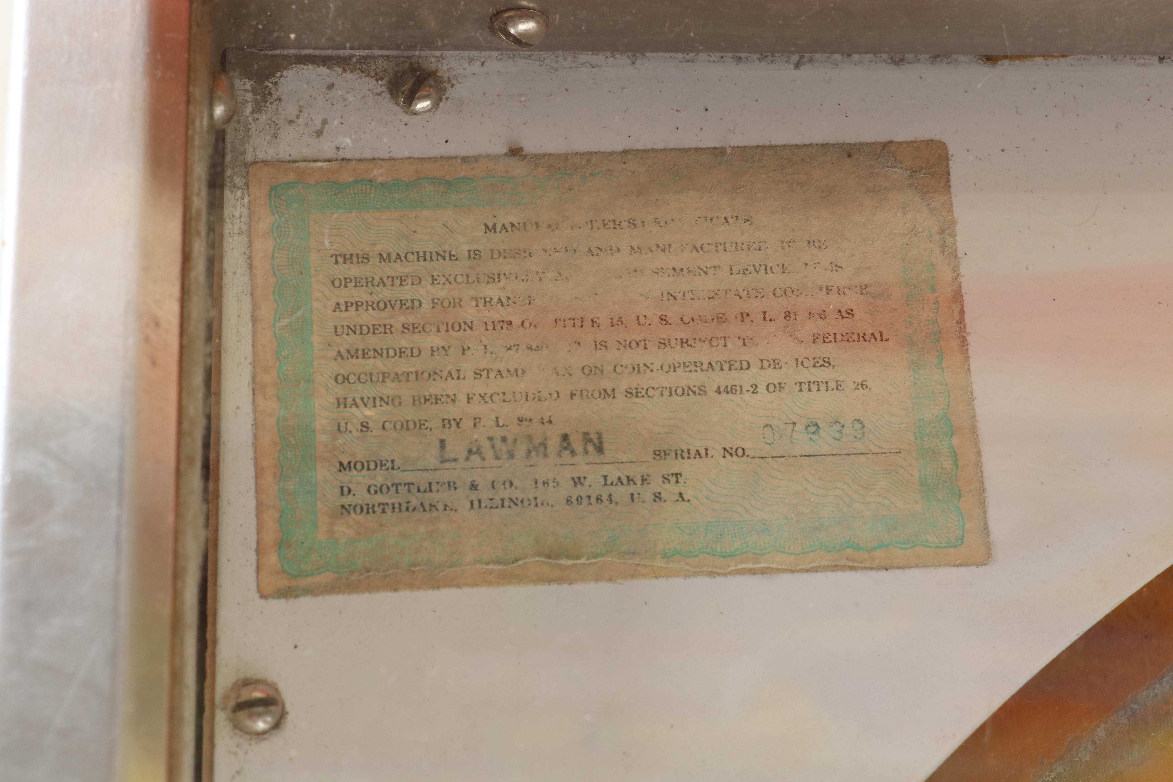 Gottlieb's "Lawman" Two Player Pinball Machine