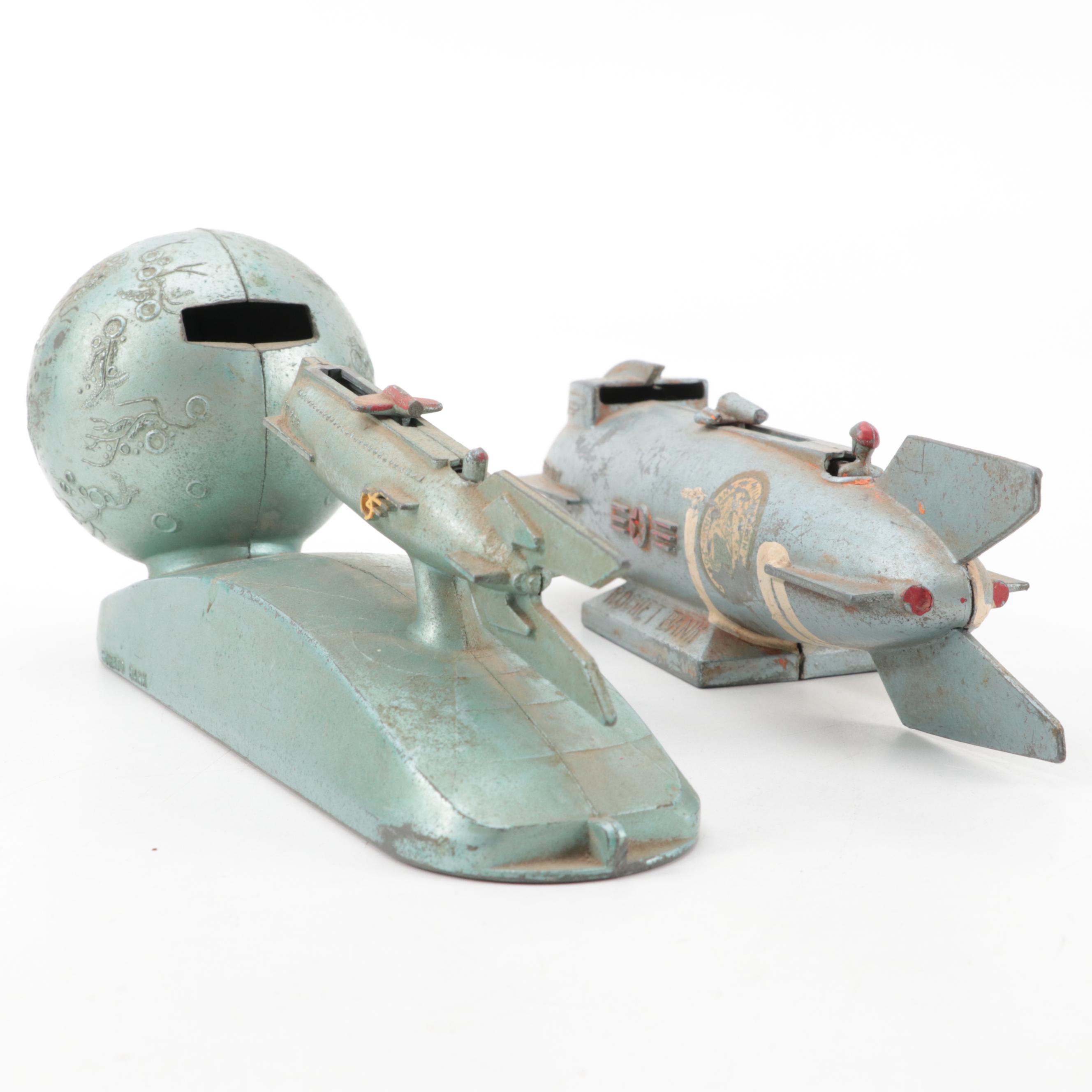 Art Deco "Rocket Bank" and MCM "Strato Bank" Mechanical Coin Banks