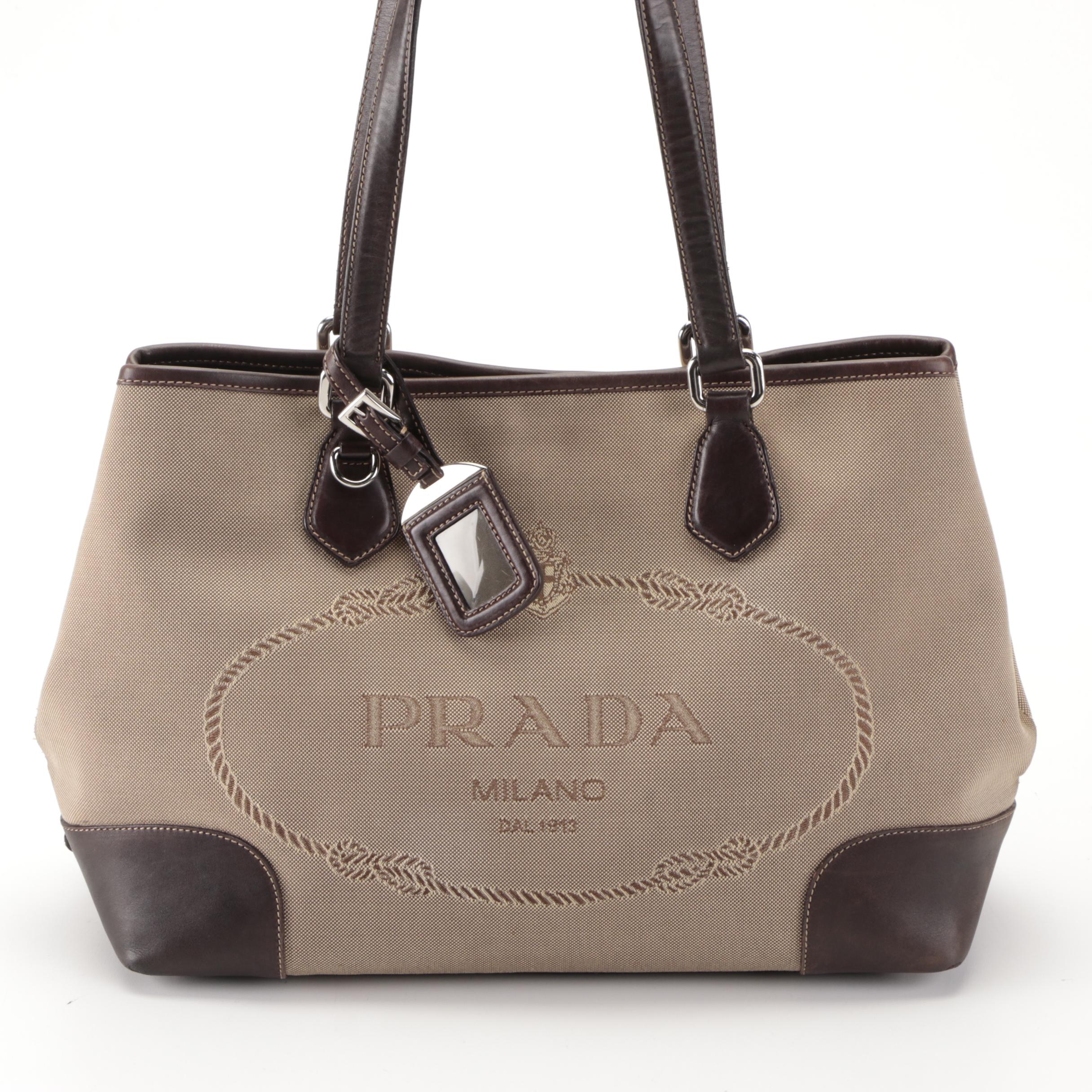Prada Shoulder Tote in Logo Canapa Canvas with Brown Leather Trim