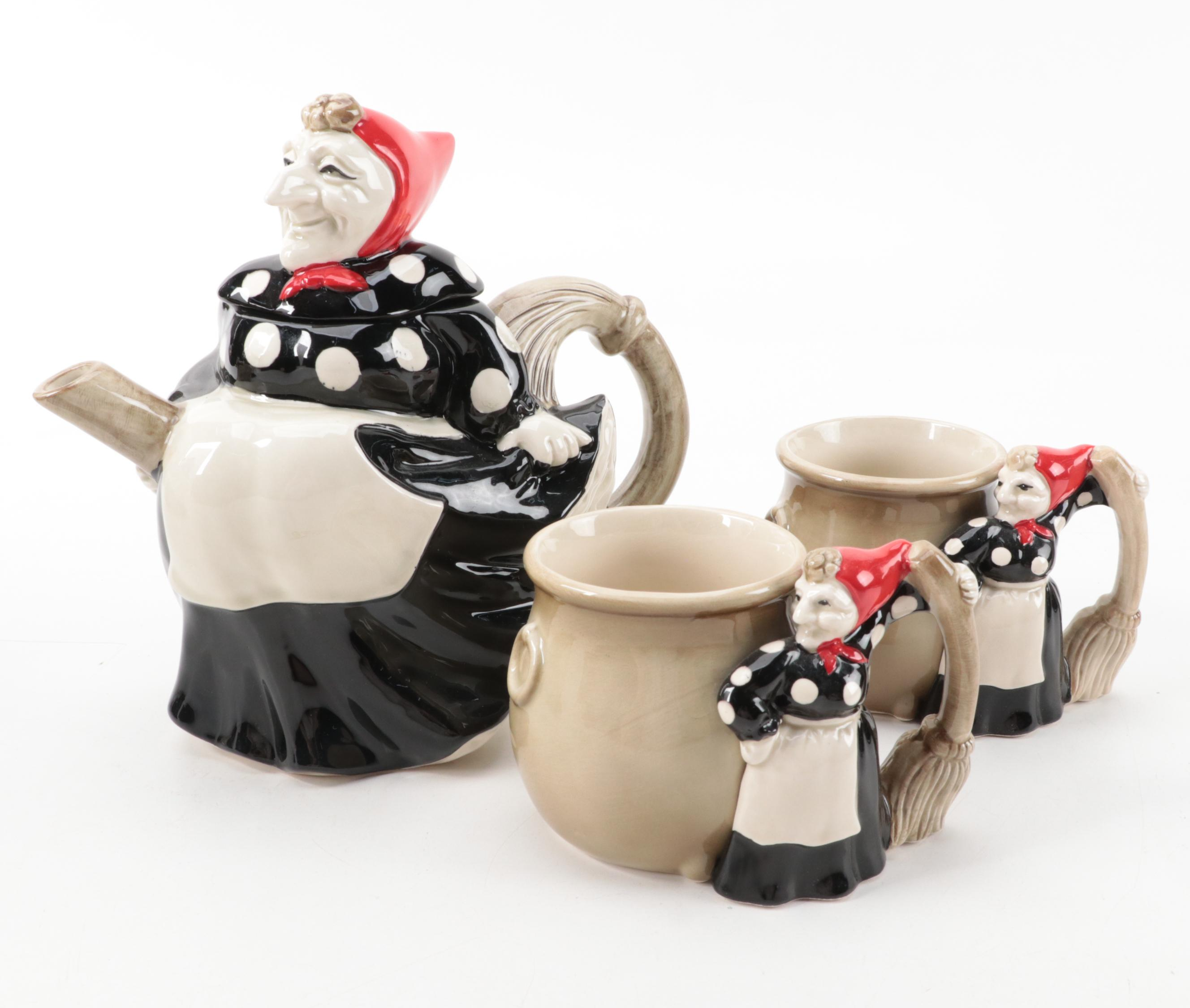 Fitz and Floyd "Kitchen Witch" Ceramic Teapot, Cups, Candle Holder and More