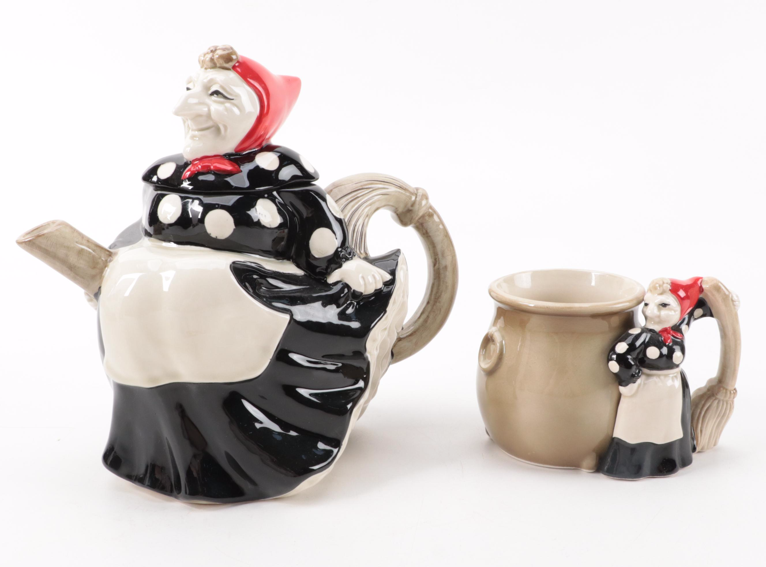 Fitz and Floyd "Kitchen Witch" Ceramic Teapot, Cups, Candle Holder and More