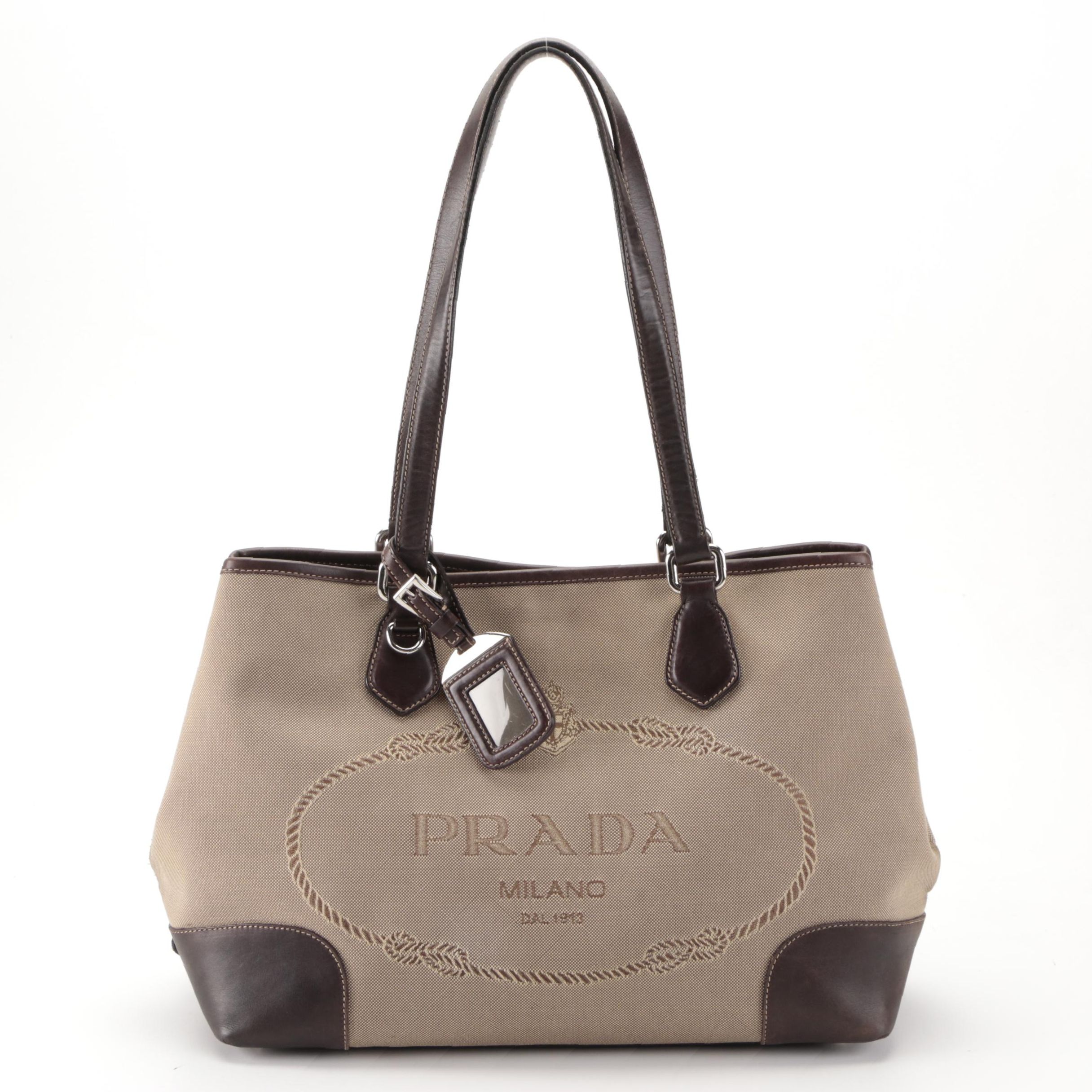 Prada Shoulder Tote in Logo Canapa Canvas with Brown Leather Trim