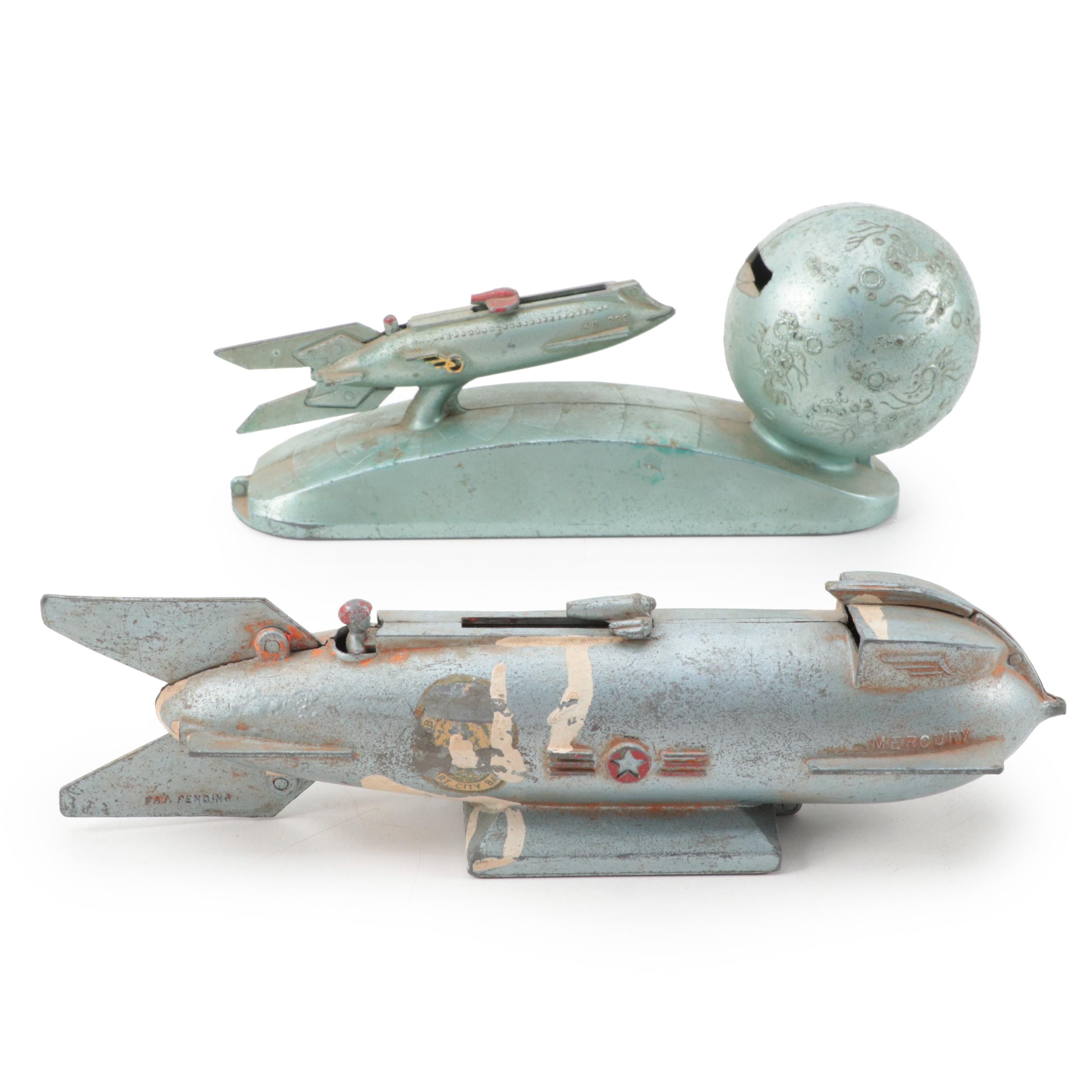 Art Deco "Rocket Bank" and MCM "Strato Bank" Mechanical Coin Banks