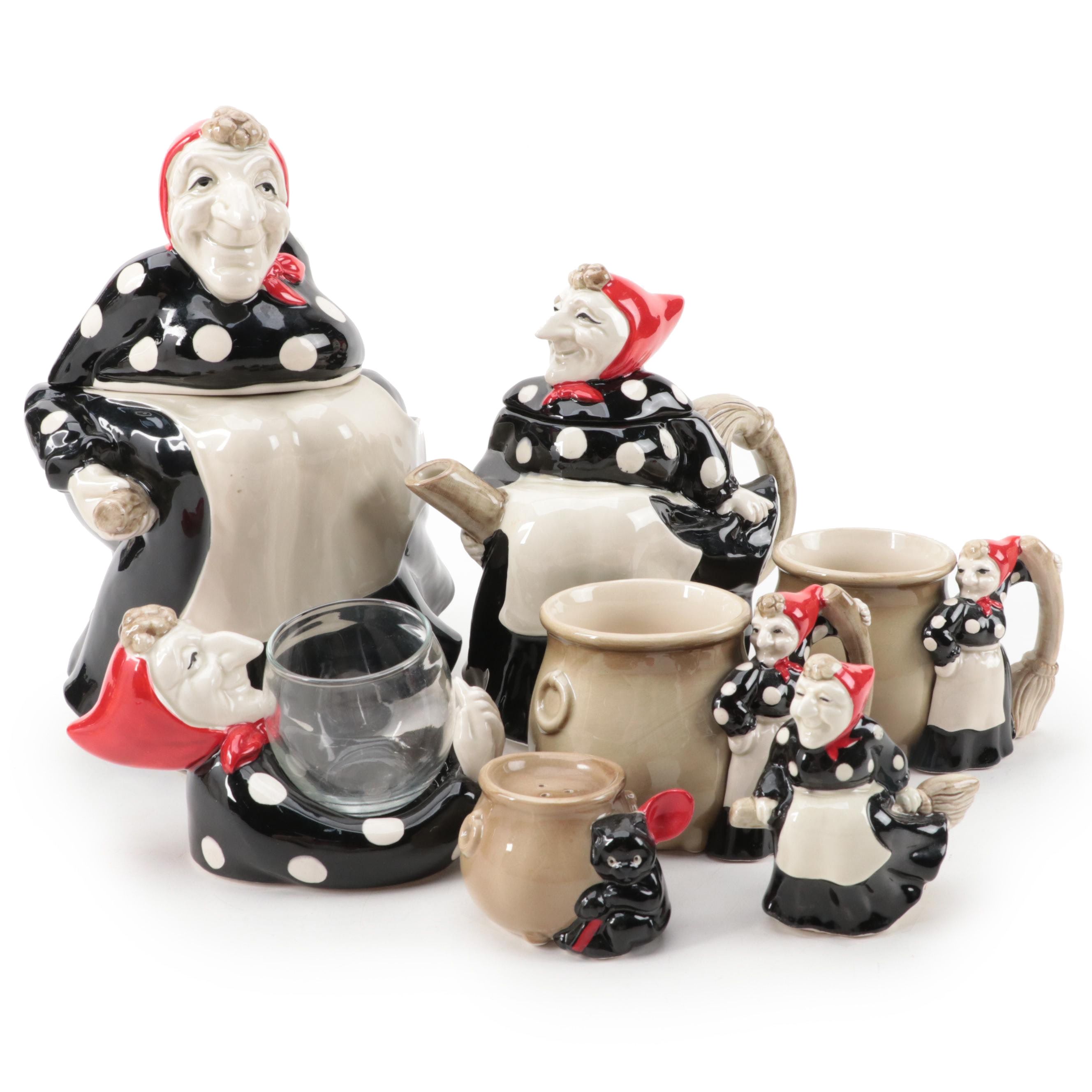 Fitz and Floyd "Kitchen Witch" Ceramic Teapot, Cups, Candle Holder and More