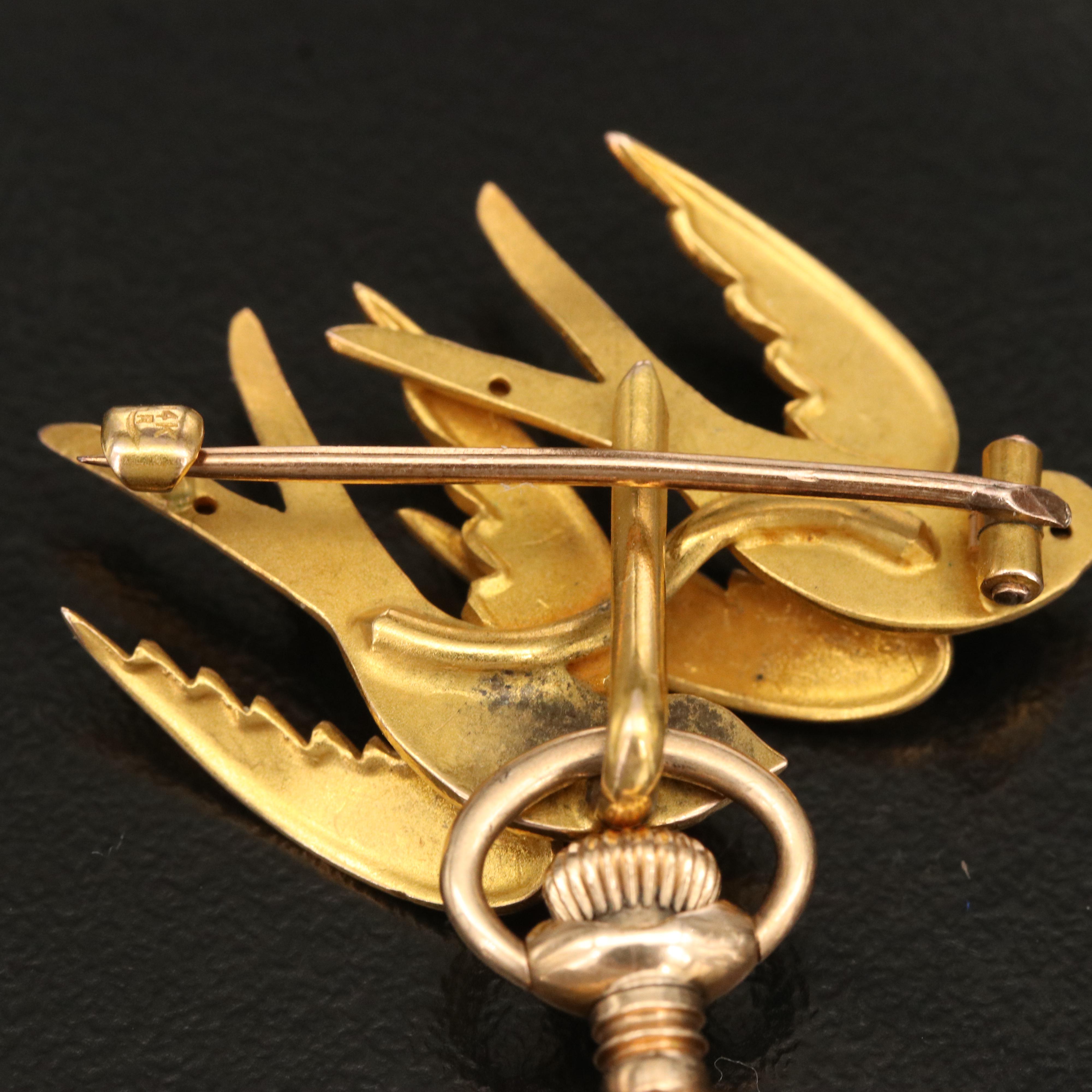 14KT Waltham Pocket Watch with 14K Double Swallow Watch Brooch