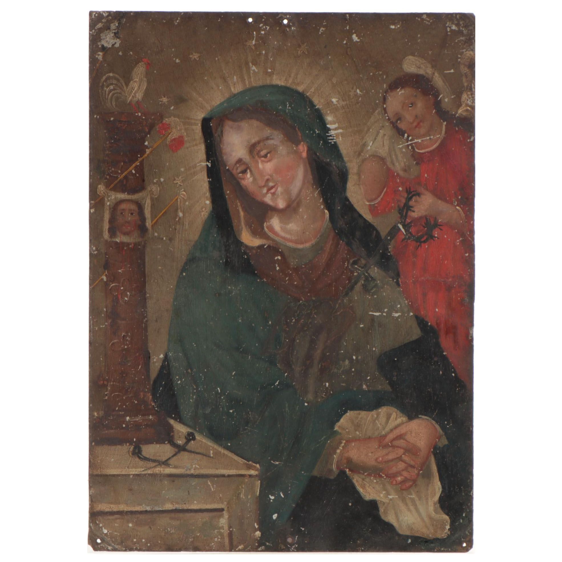 Mexican Retablo Painting of The Virgin Mary, Circa 1900