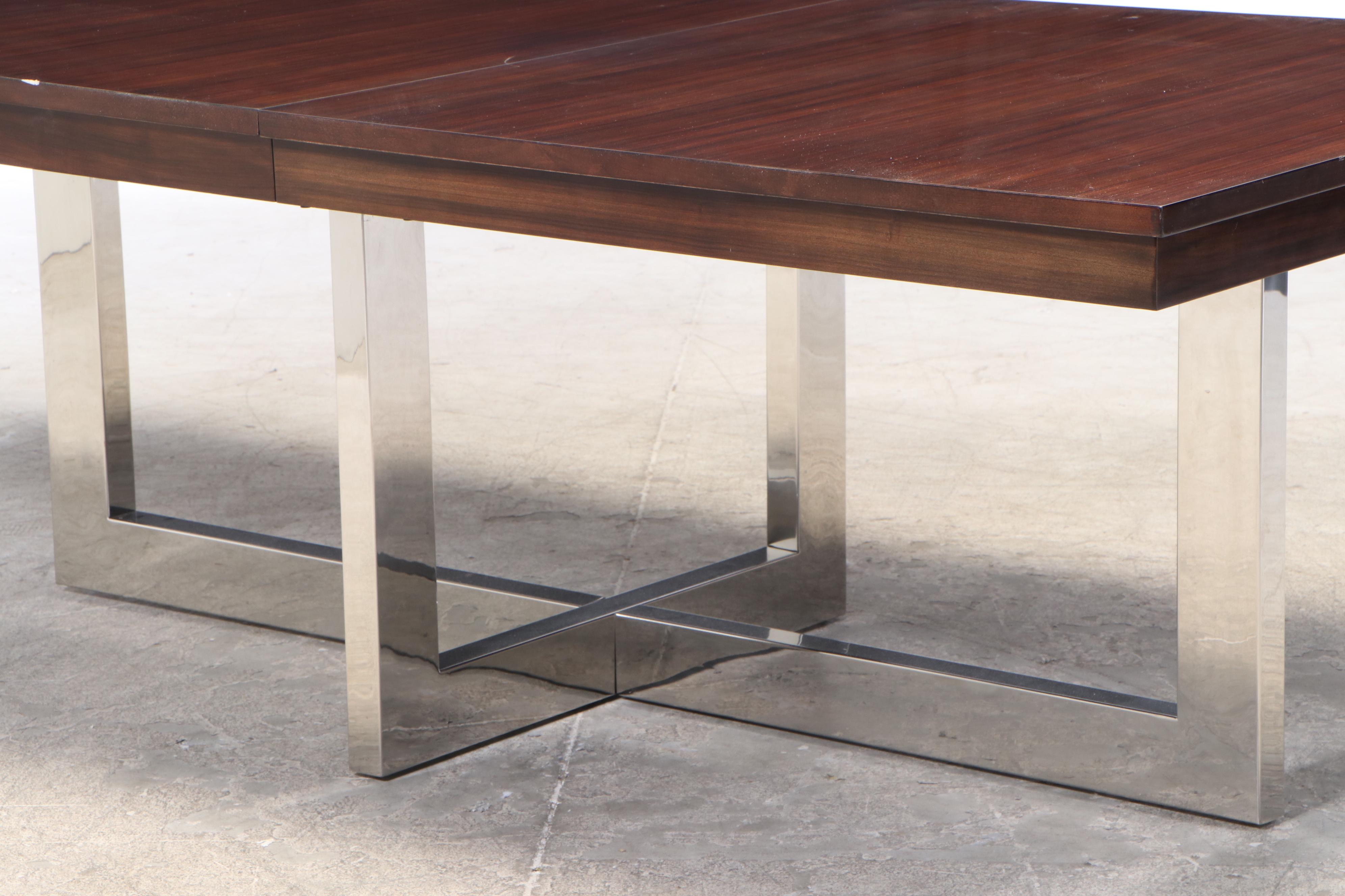 Modernist Style Chromed Metal and Wood-Grained Top Extension Dining Table