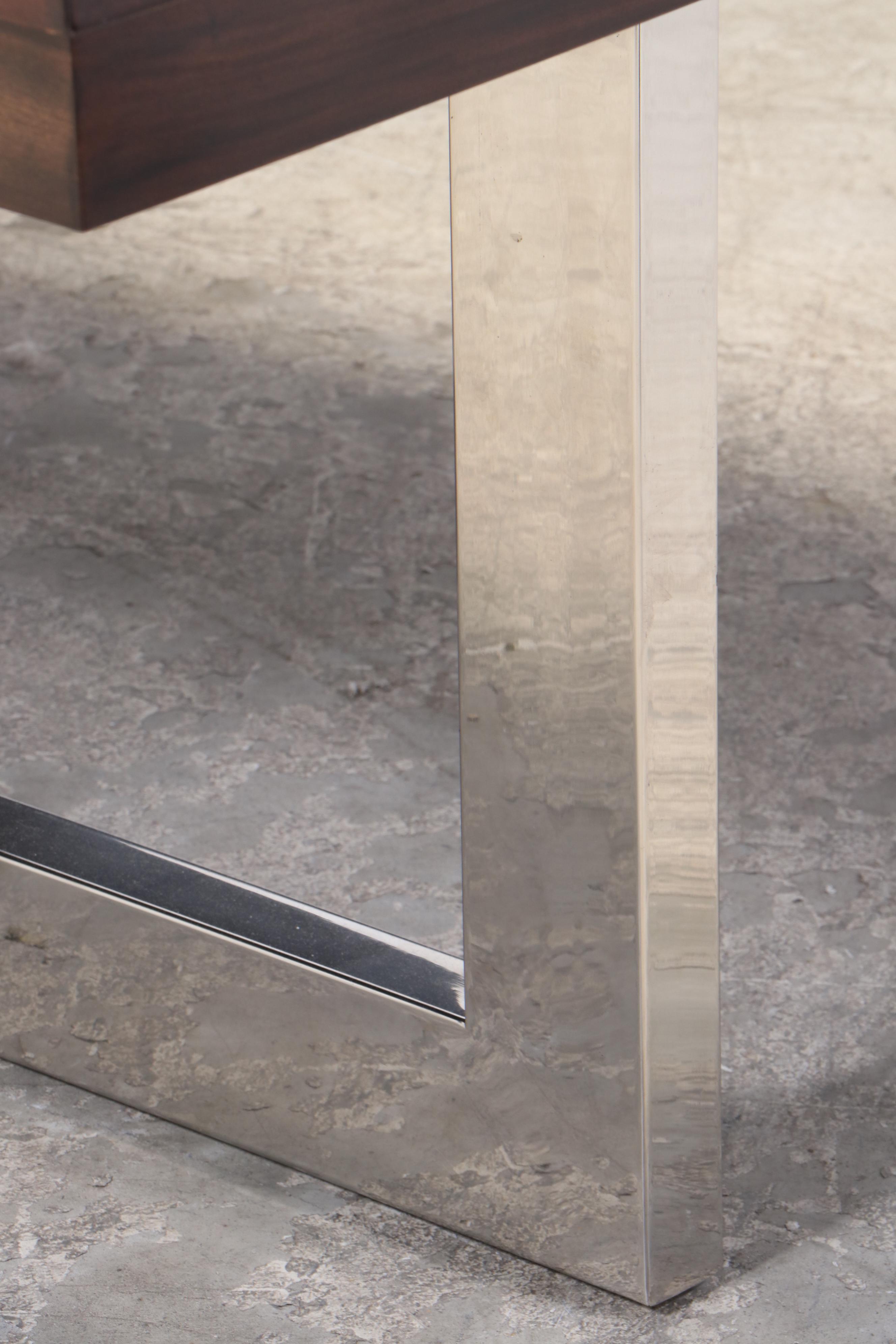 Modernist Style Chromed Metal and Wood-Grained Top Extension Dining Table