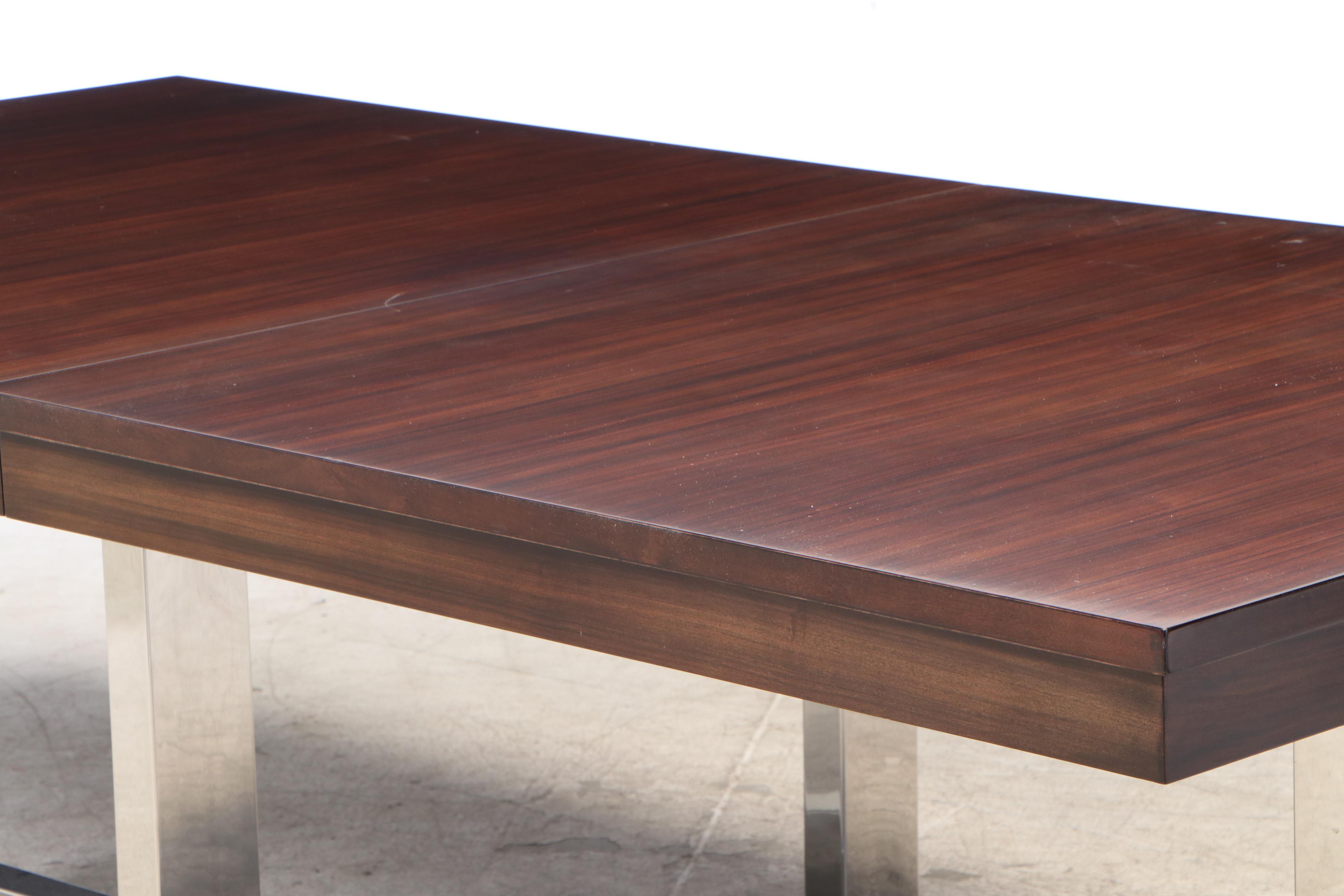Modernist Style Chromed Metal and Wood-Grained Top Extension Dining Table