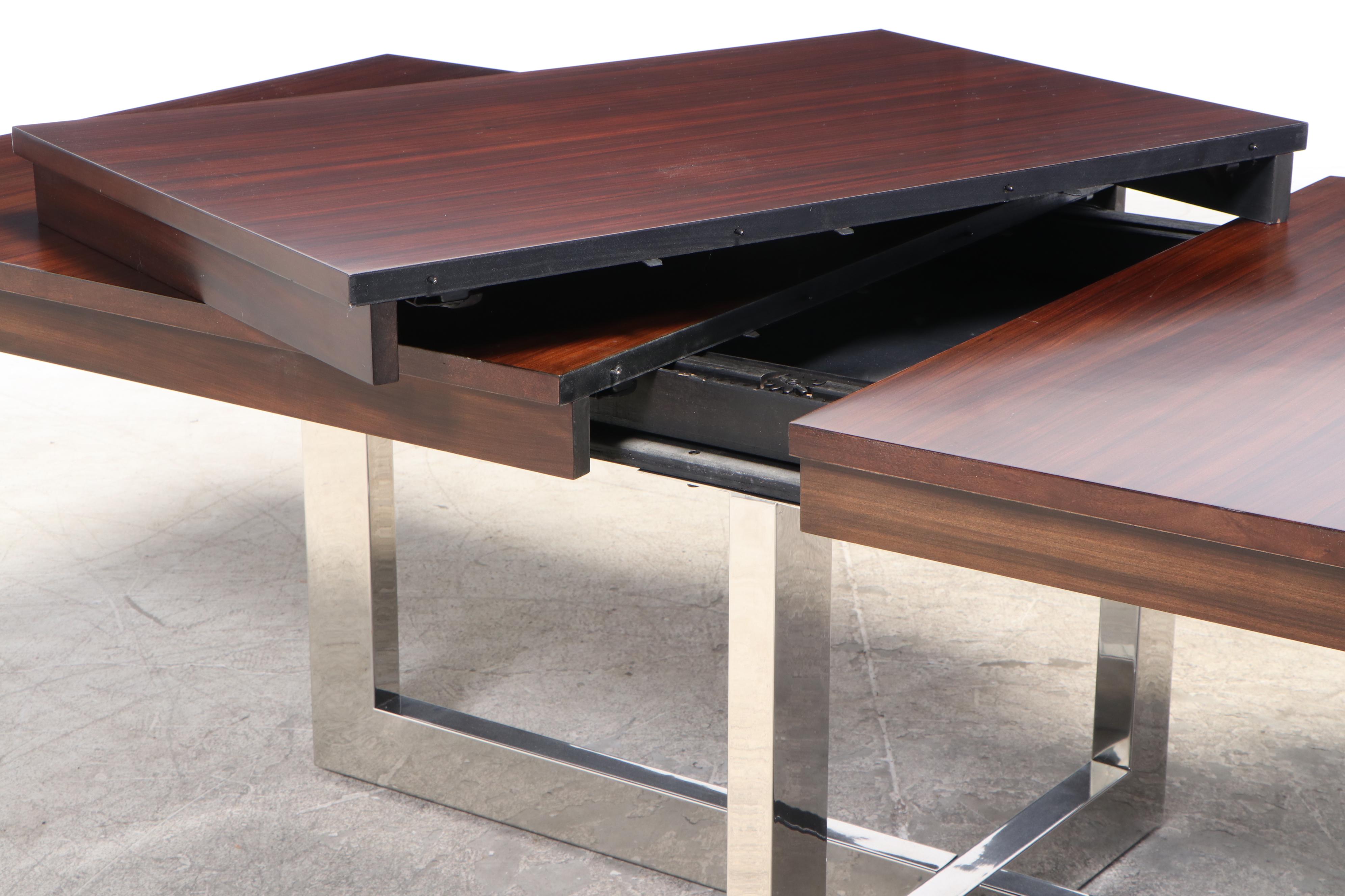 Modernist Style Chromed Metal and Wood-Grained Top Extension Dining Table