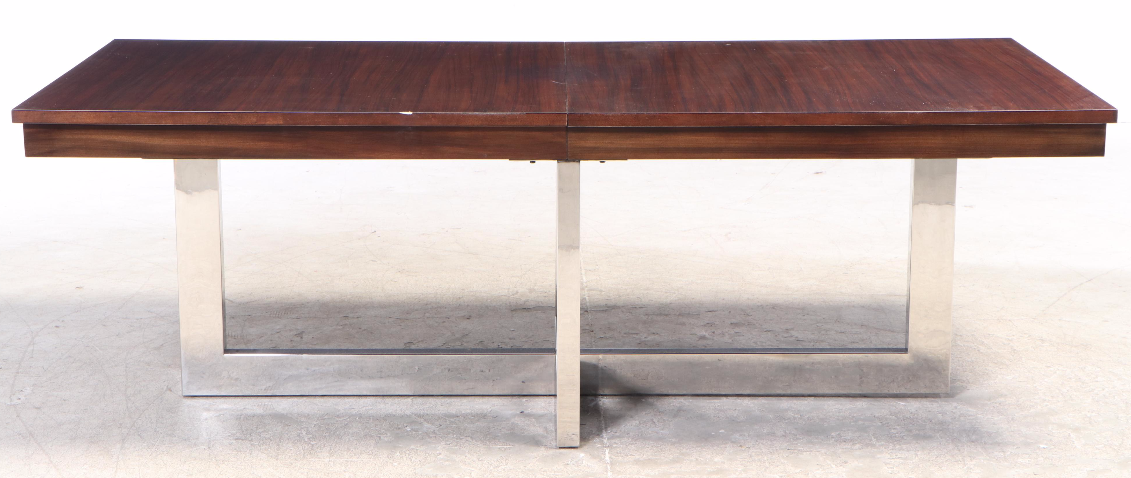 Modernist Style Chromed Metal and Wood-Grained Top Extension Dining Table