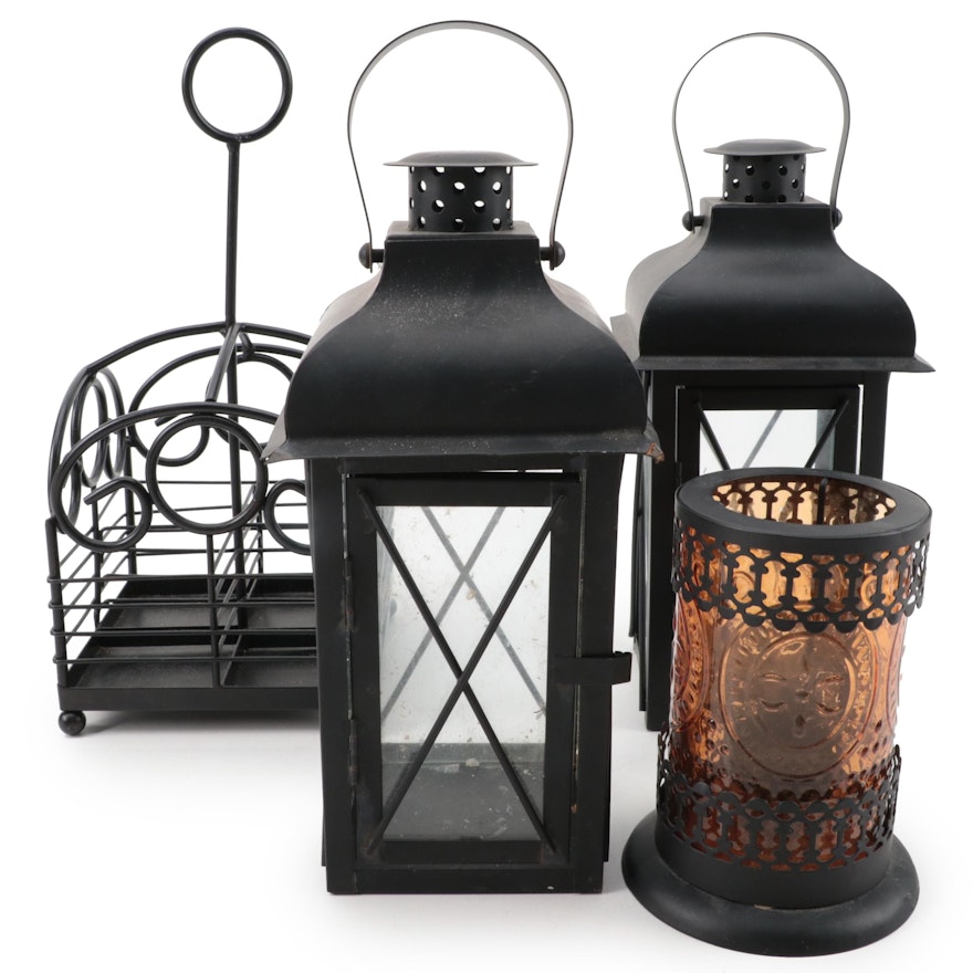 Pair of Metal and Glass Candle Lanterns and Other Candle Holders