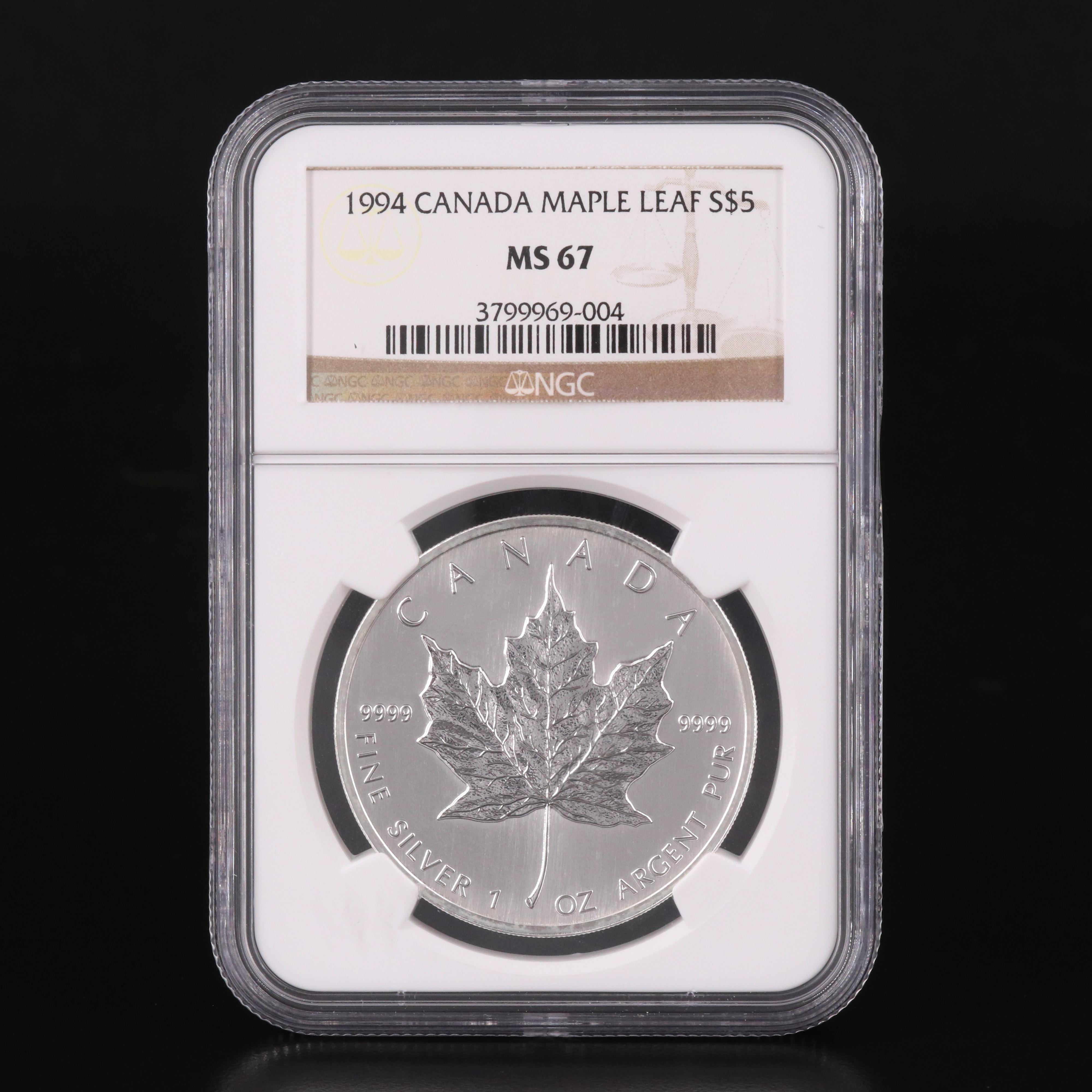 NGC Graded MS67 1994 Canada $5 Maple Leaf Silver Coin