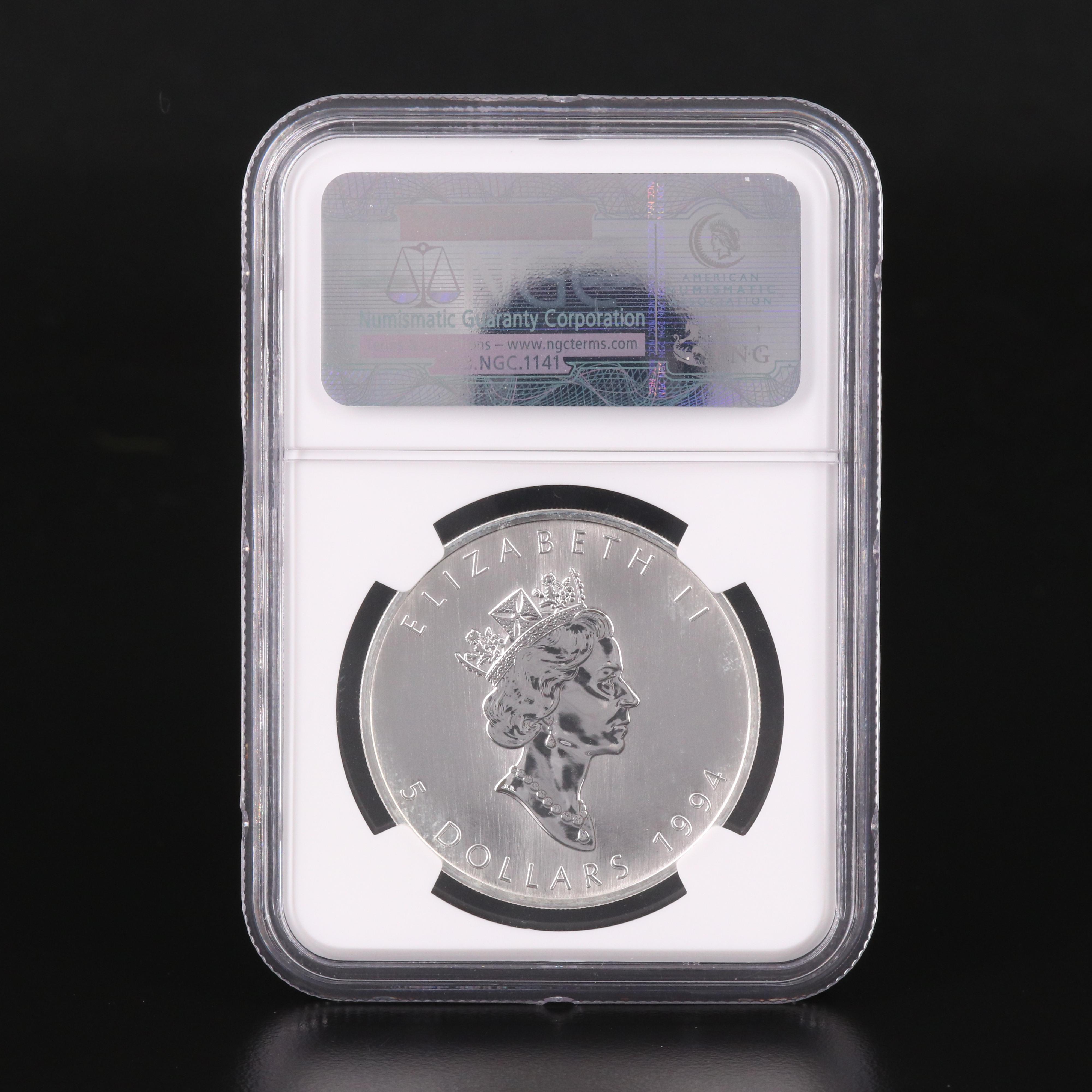 NGC Graded MS67 1994 Canada $5 Maple Leaf Silver Coin
