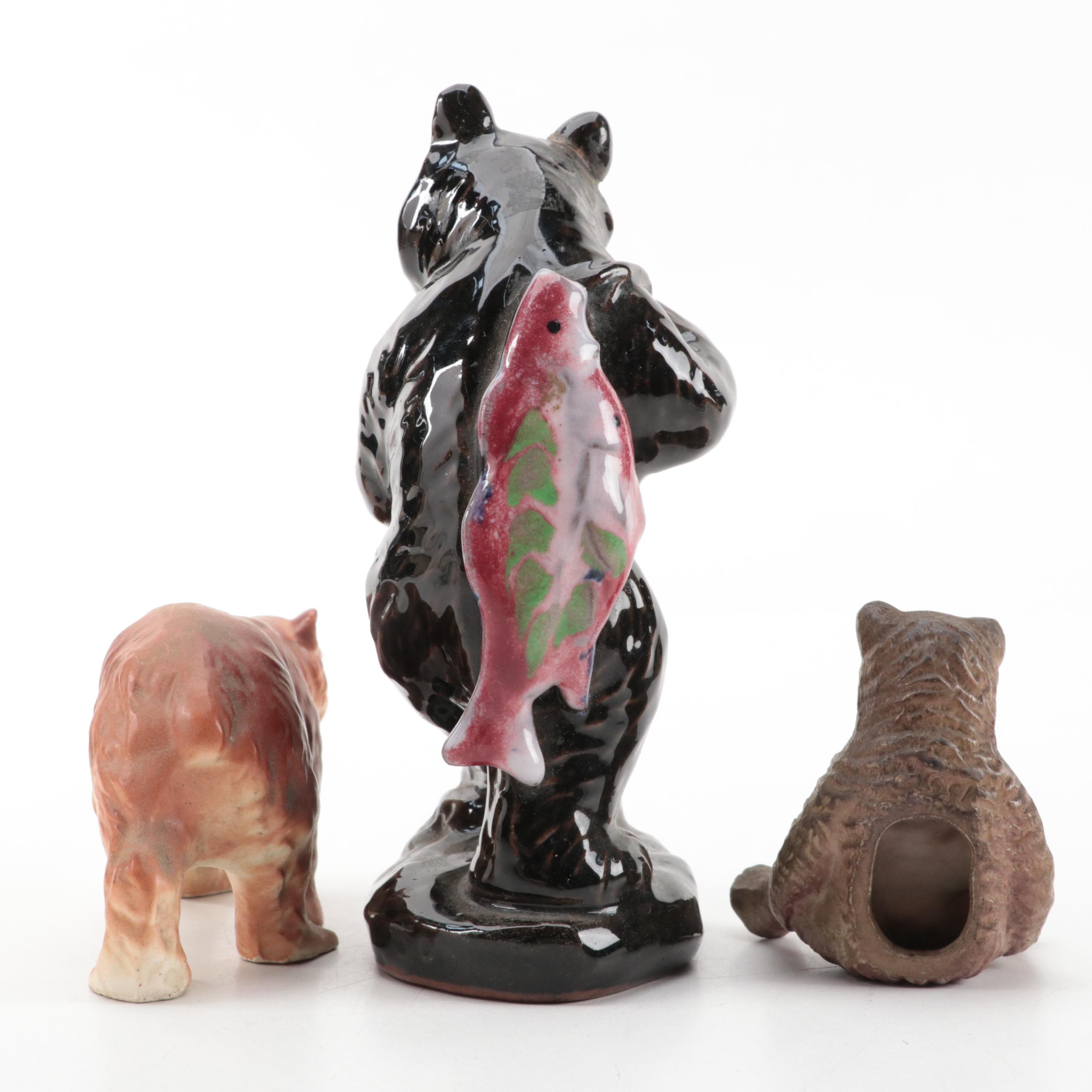 Japanese and Other Ceramic Bear Figurines with Planter, Mid-20th Century