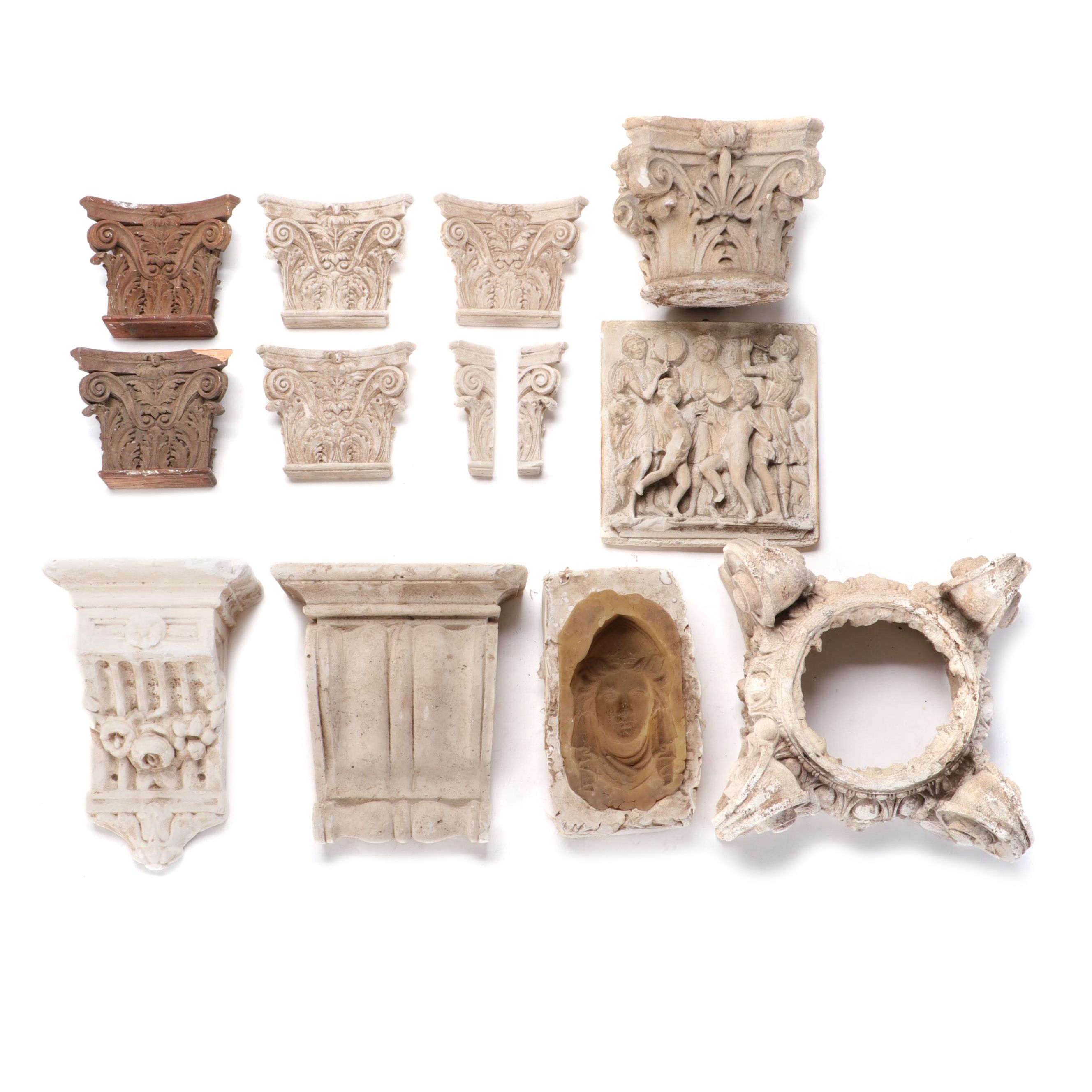 Neoclassical Plaster and Wooden Column Capitals With Mold and Frieze
