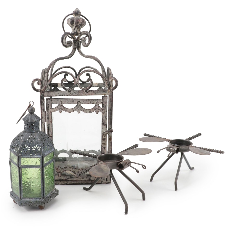 Metal Dragonfly Tealight Candle Holders with Metal and Glass Lanterns