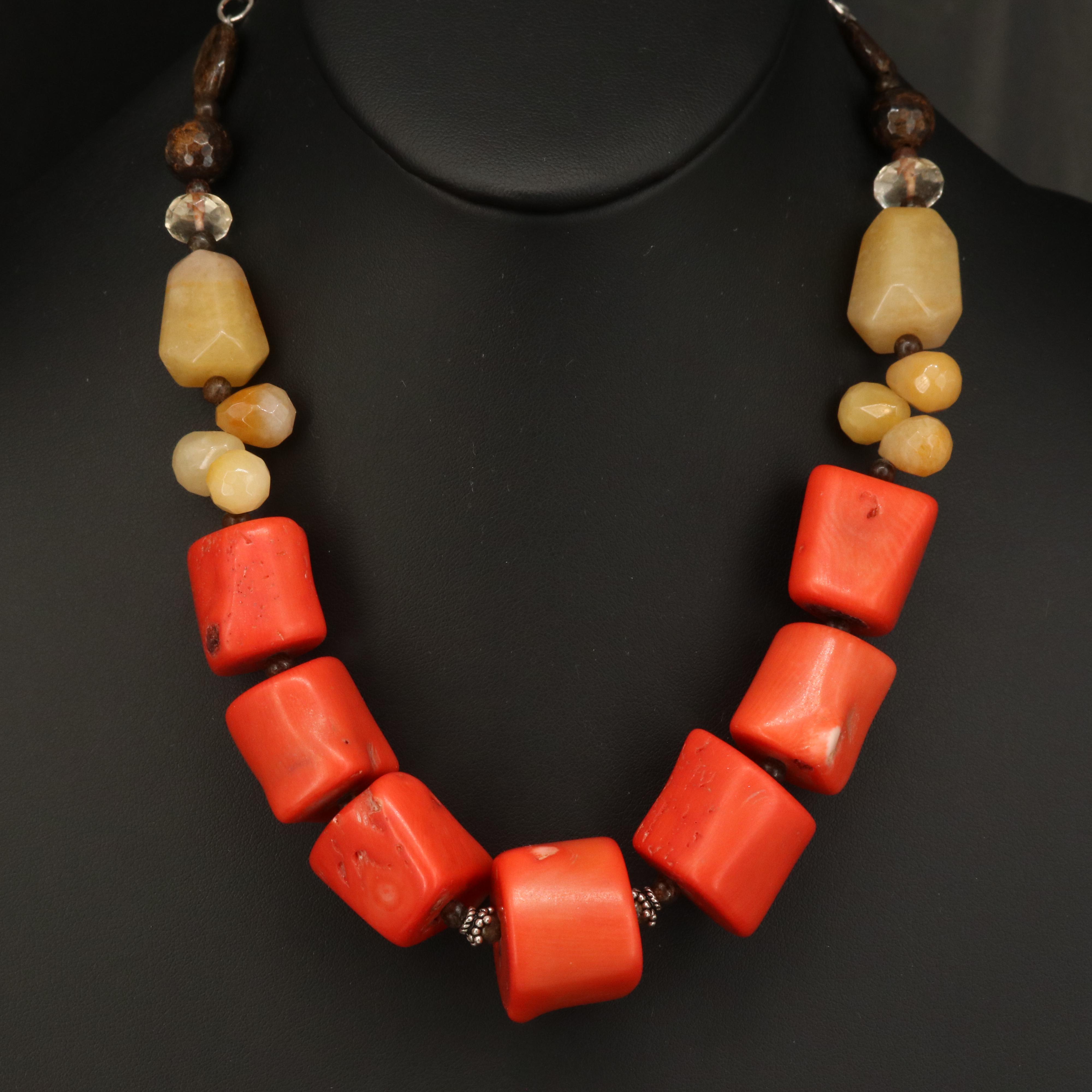 Sterling Coral, Quartzite and Tiger Iron Bead Necklace