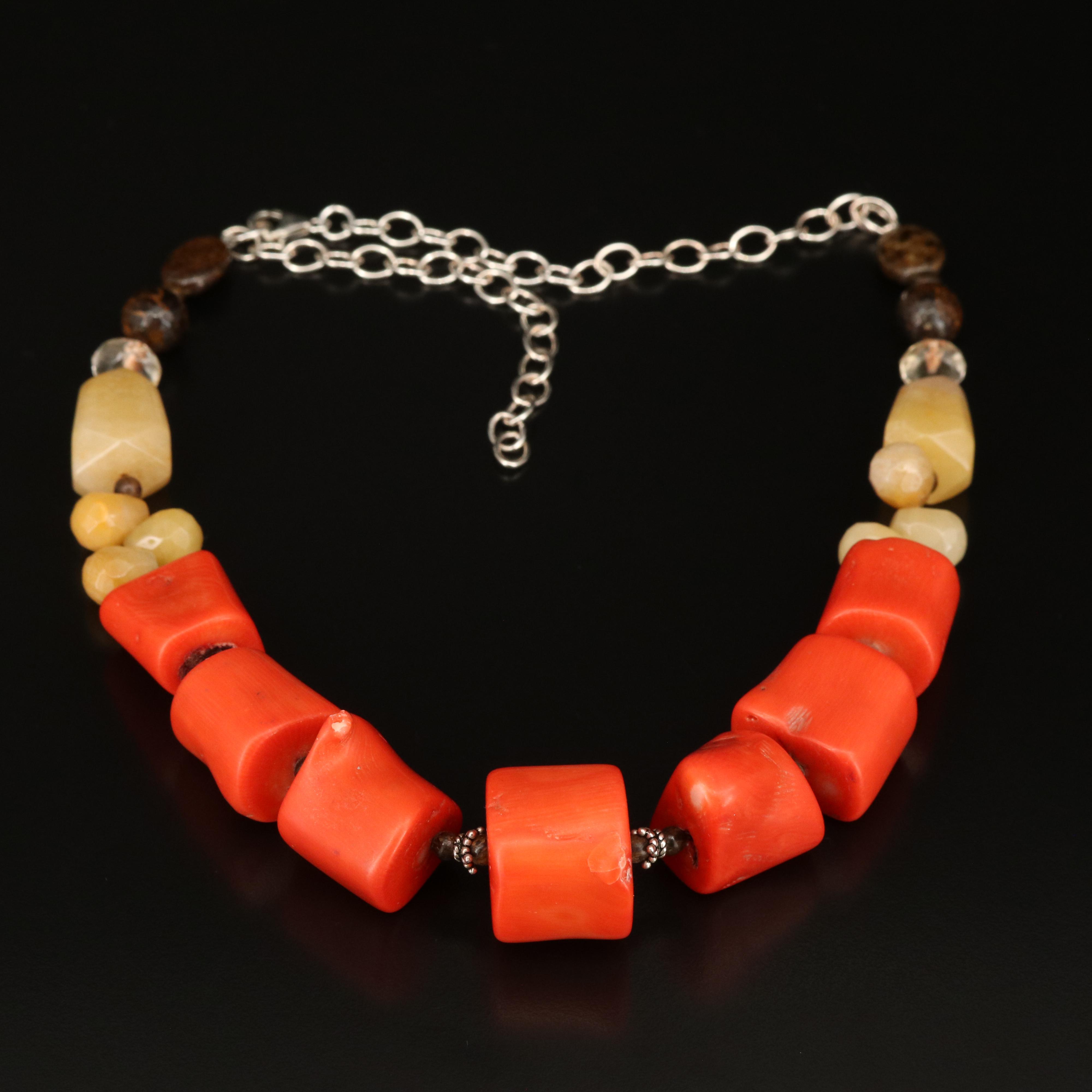 Sterling Coral, Quartzite and Tiger Iron Bead Necklace