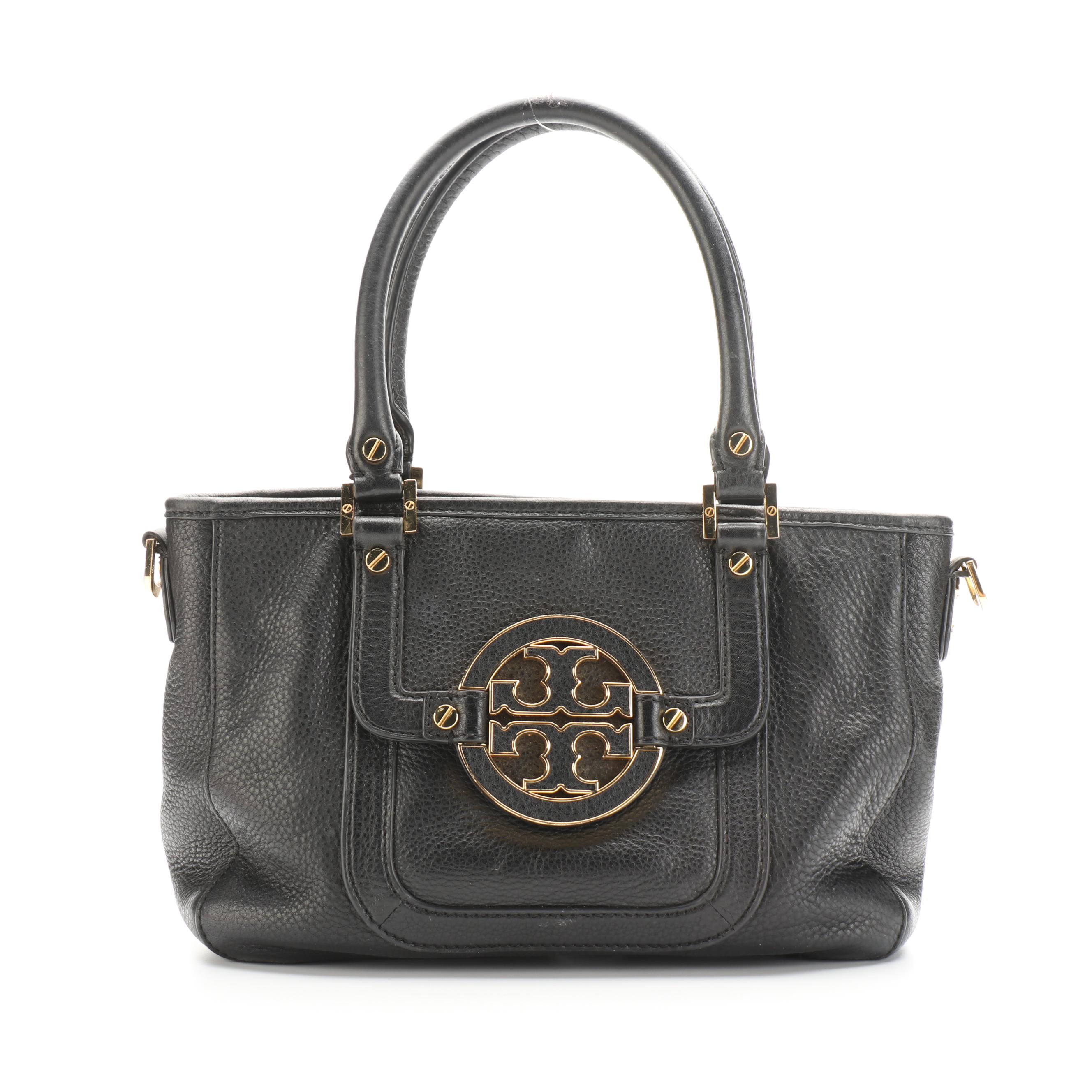 Tory Burch Amanda Convertible Tote in Black Grainy Leather with Detachable Strap