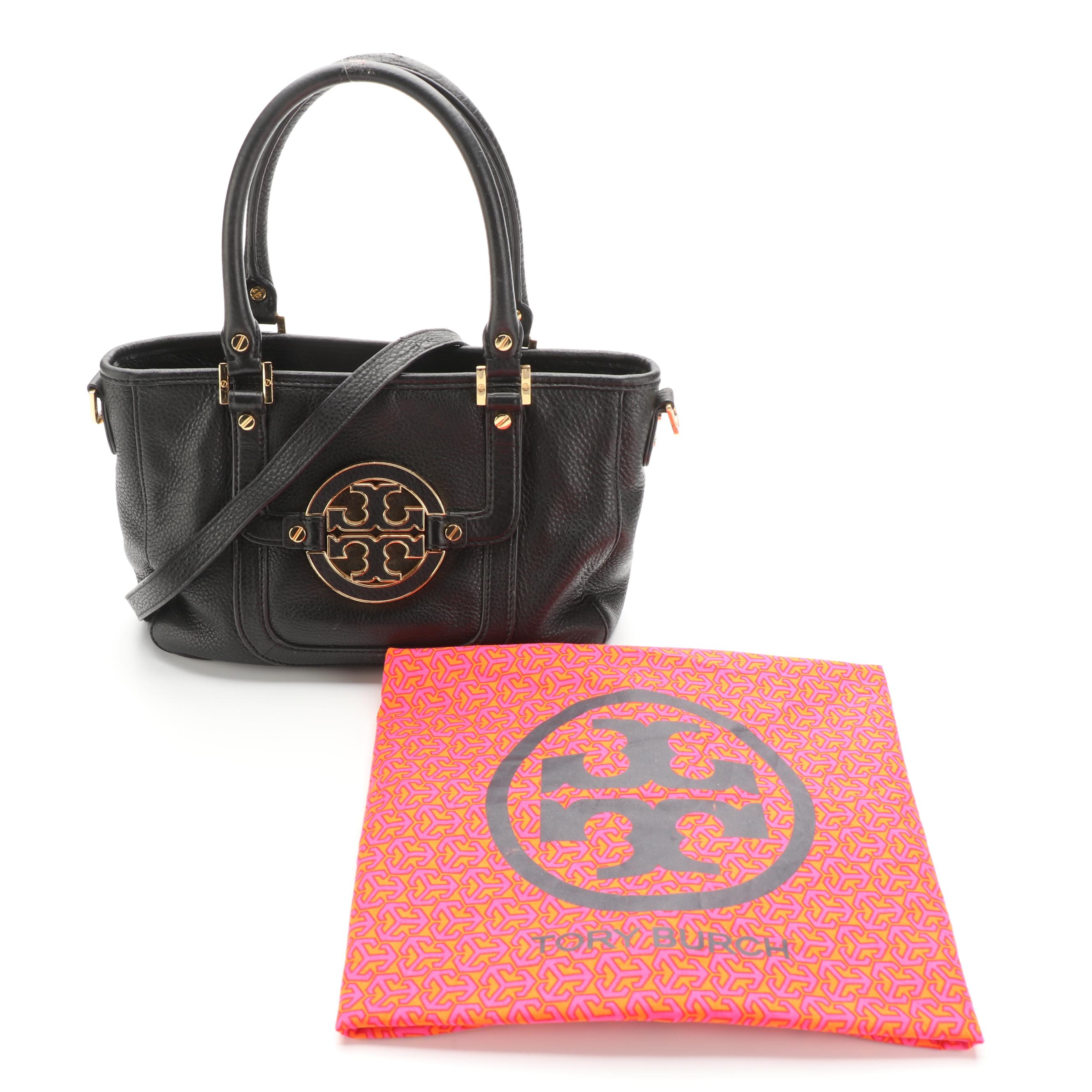 Tory Burch Amanda Convertible Tote in Black Grainy Leather with Detachable Strap