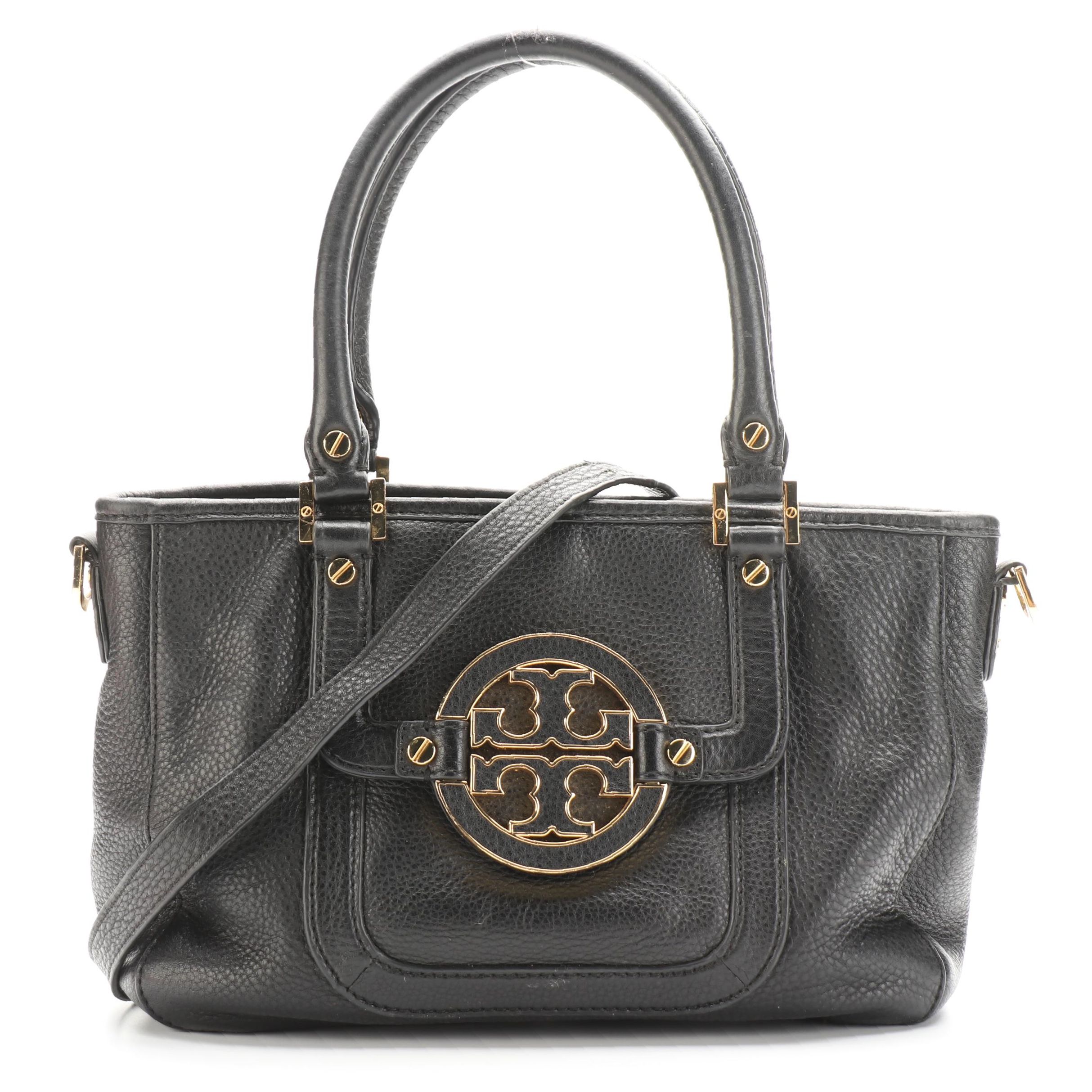 Tory Burch Amanda Convertible Tote in Black Grainy Leather with Detachable Strap