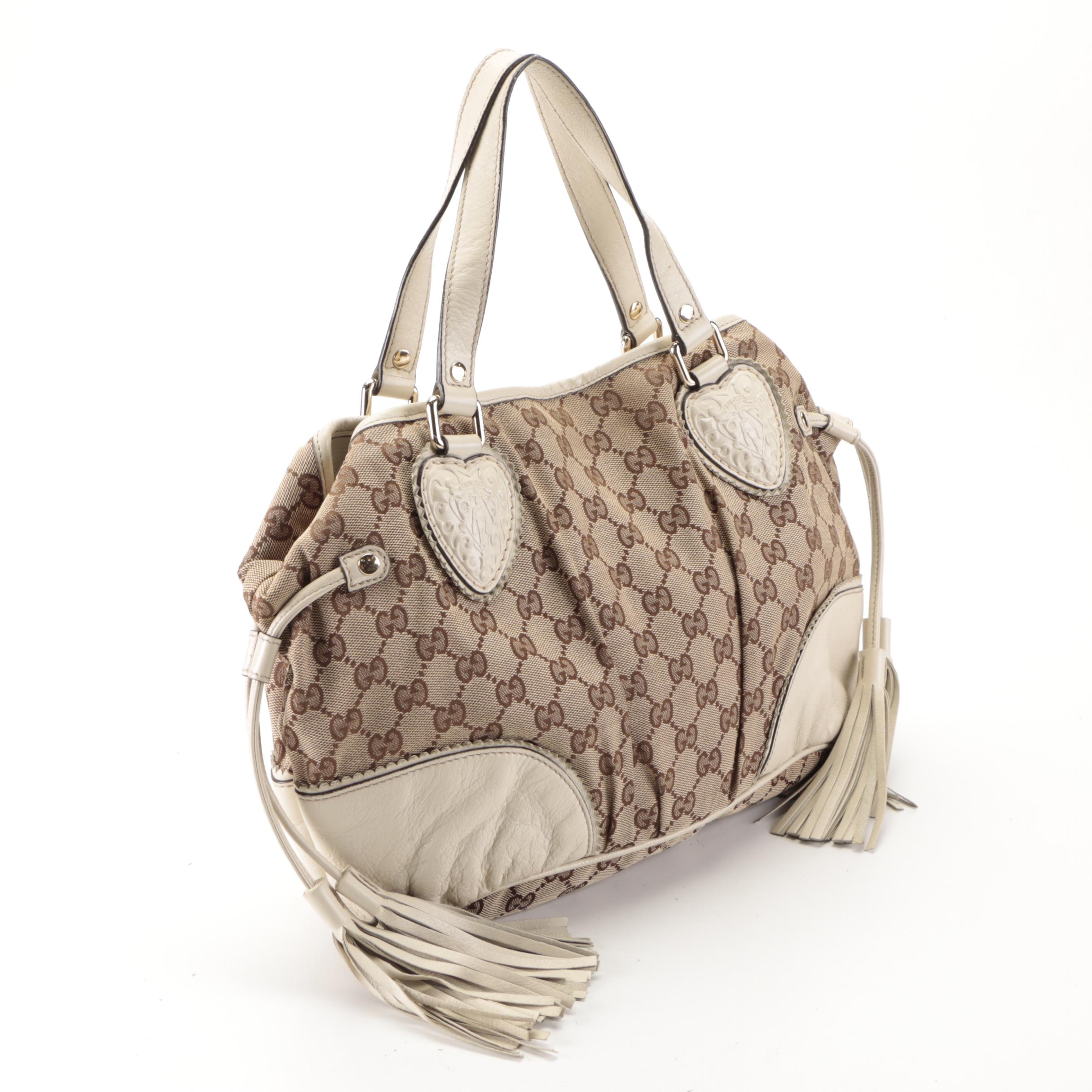 Gucci Tribeca Tote in GG Canvas and White Leather Trim