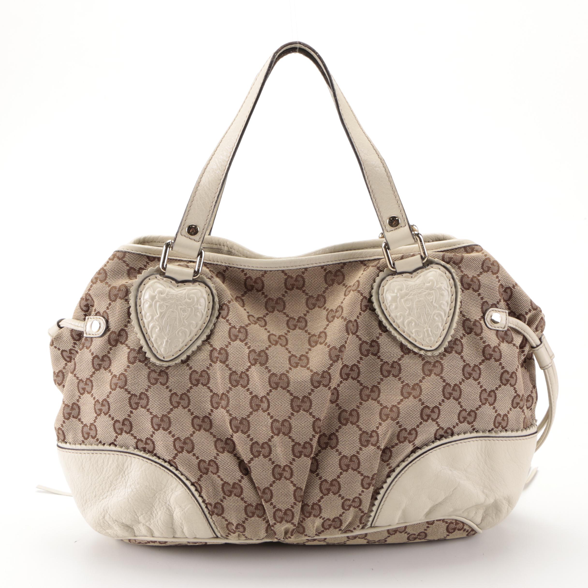 Gucci Tribeca Tote in GG Canvas and White Leather Trim