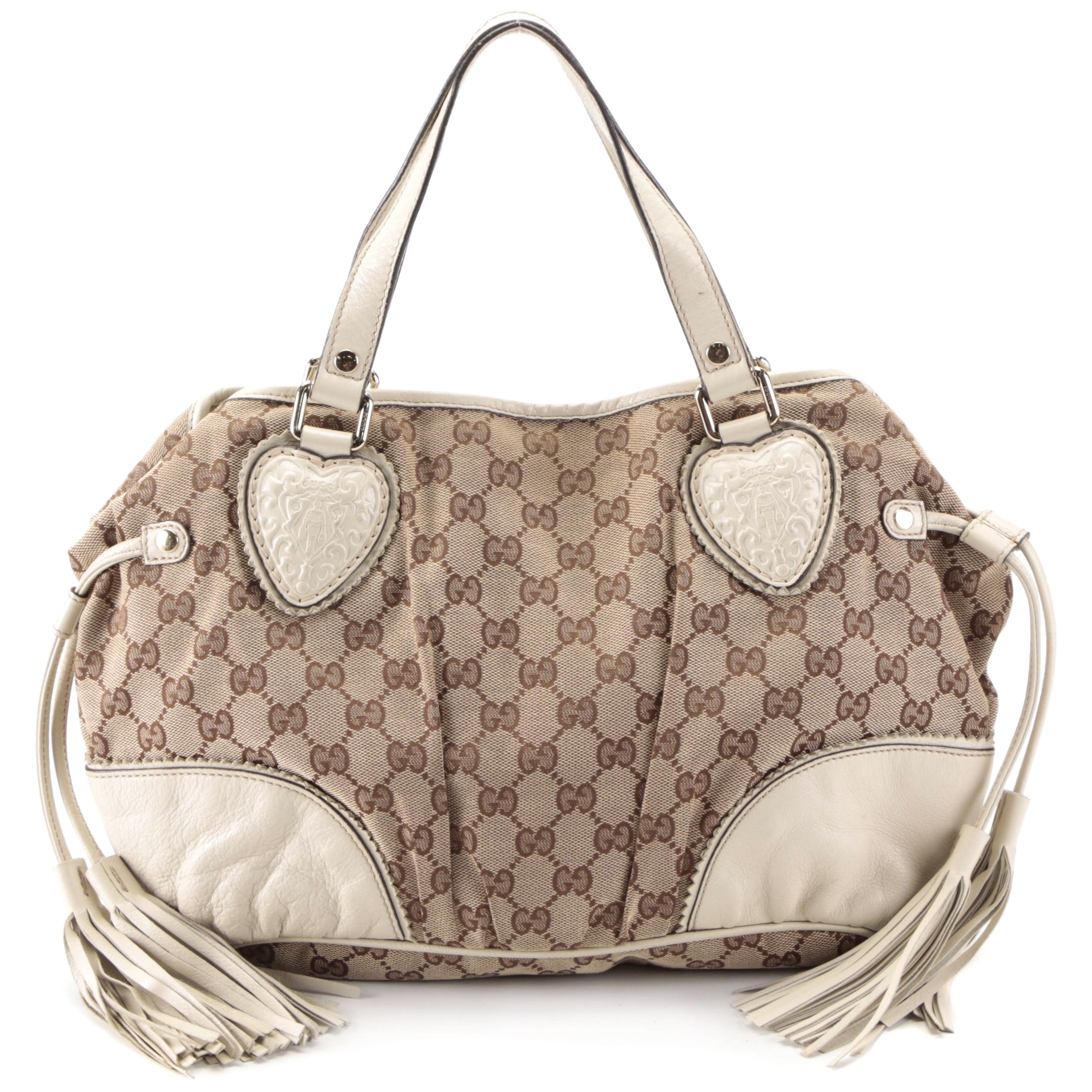 Gucci Tribeca Tote in GG Canvas and White Leather Trim