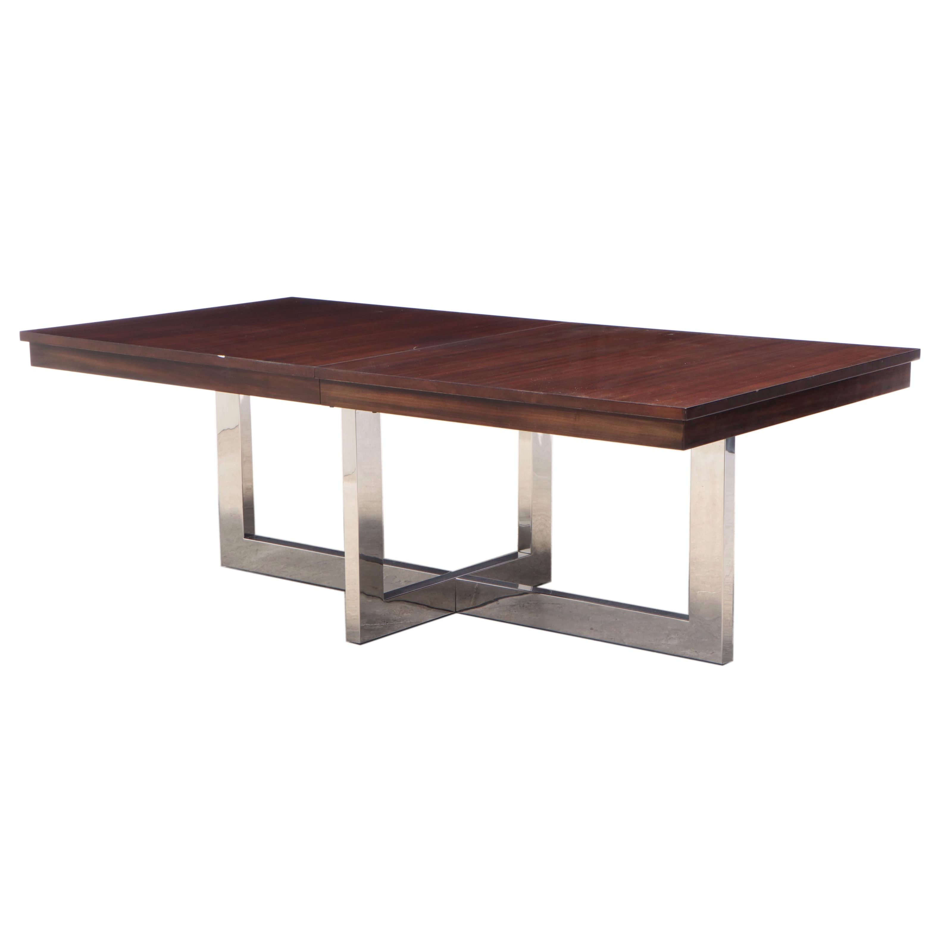 Modernist Style Chromed Metal and Wood-Grained Top Extension Dining Table