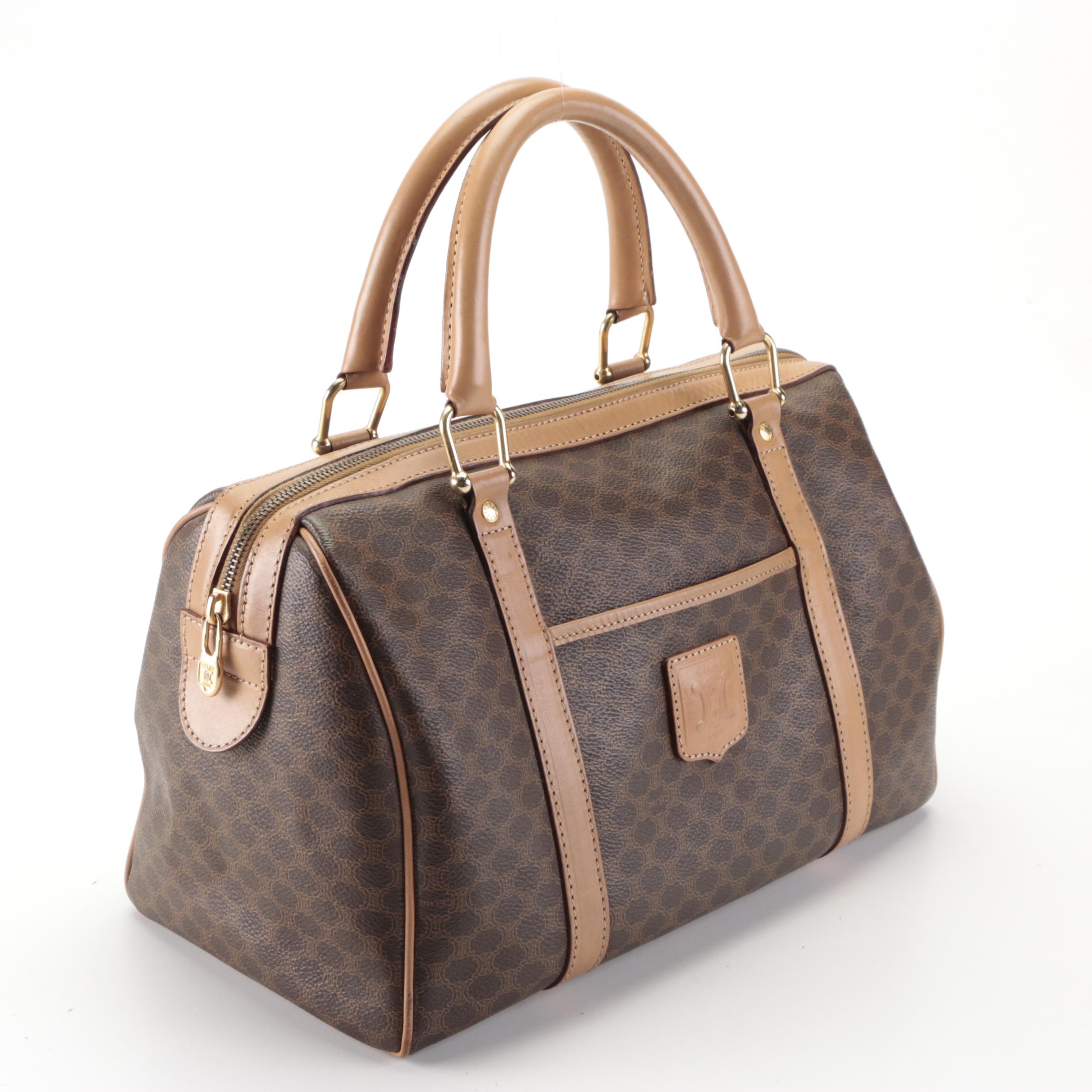 Celine Medium Boston Bag in Macadam Coated Canvas and Leather