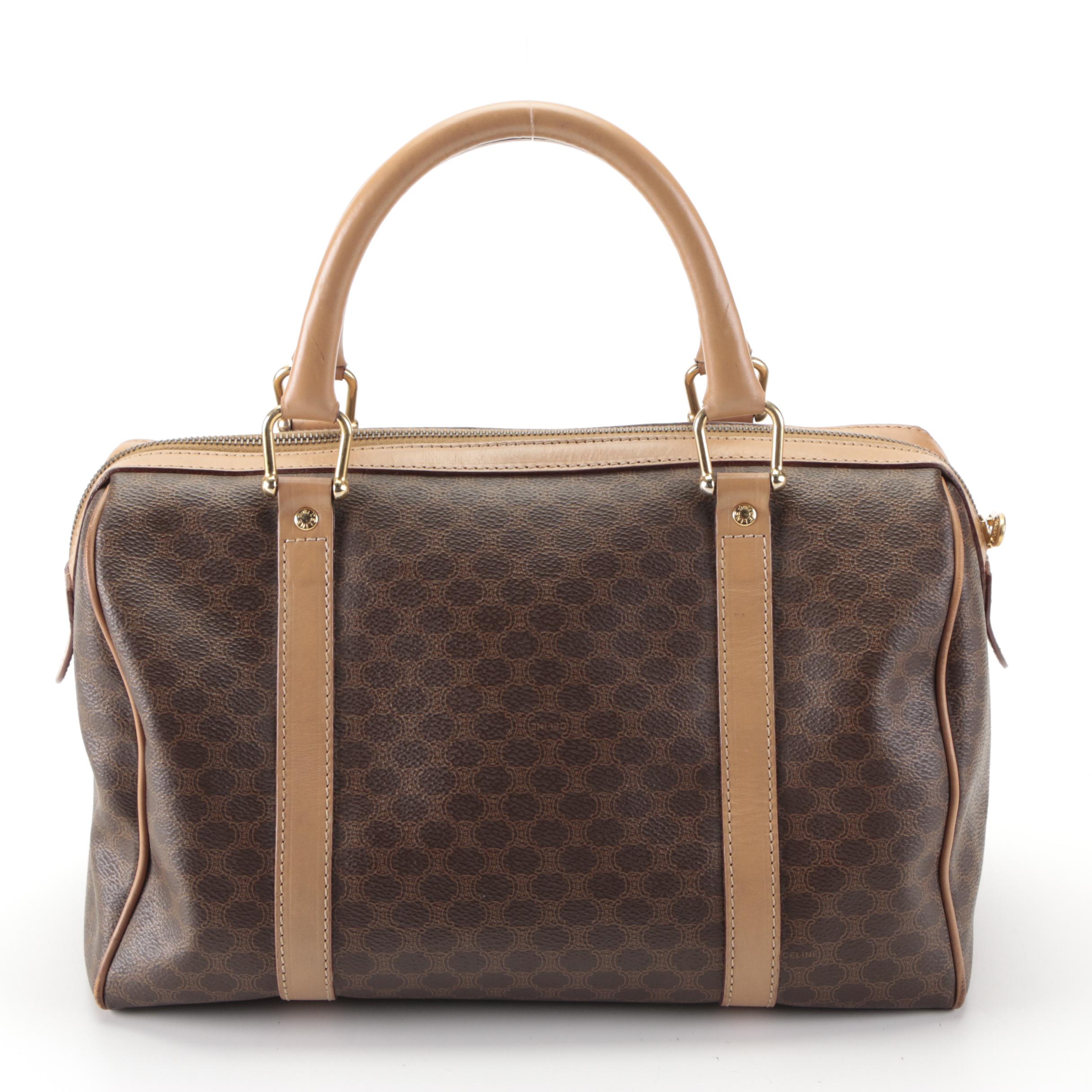 Celine Medium Boston Bag in Macadam Coated Canvas and Leather