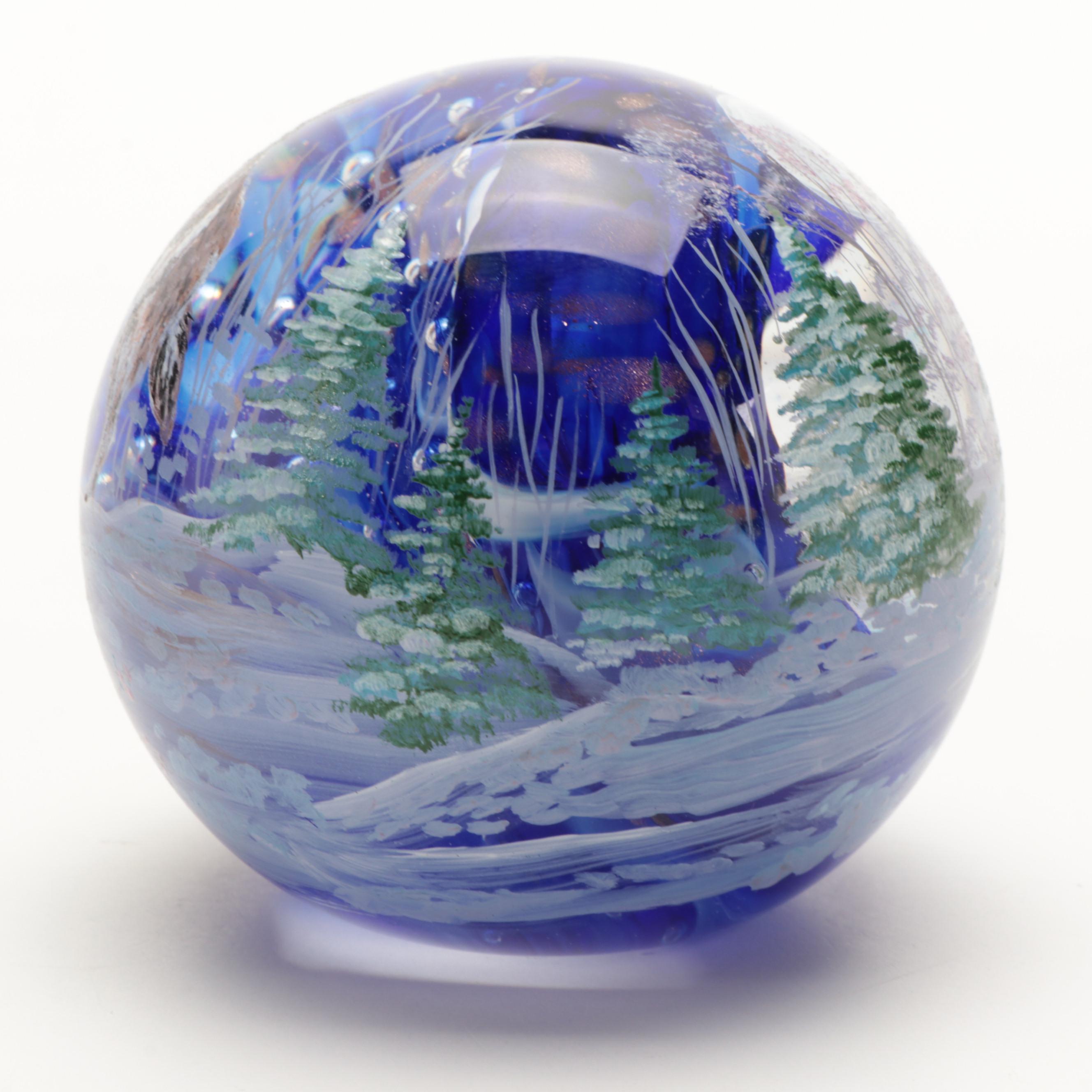 Sam Hogue and Julia Powell Handcrafted and Painted Wolf Motif Glass Paperweight