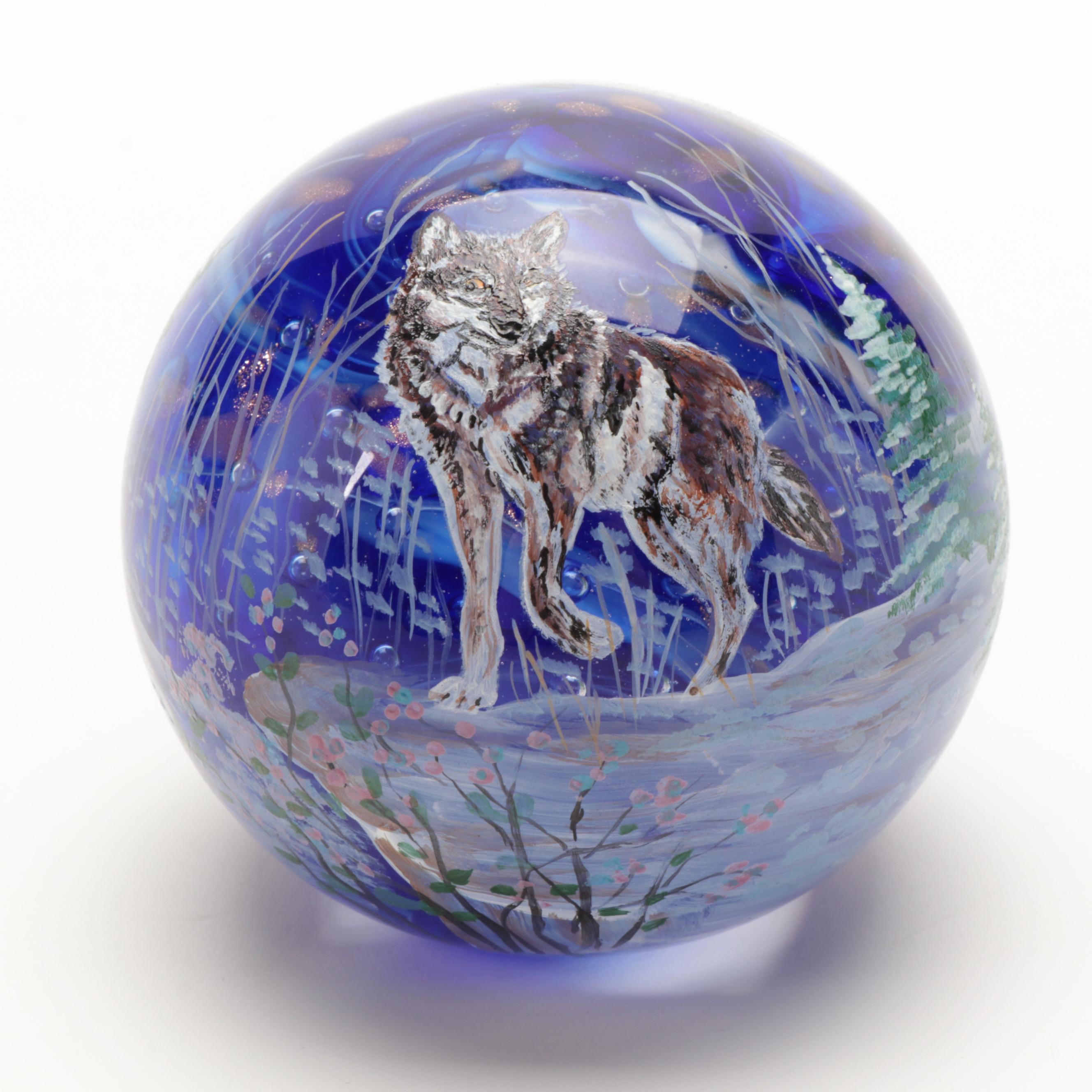 Sam Hogue and Julia Powell Handcrafted and Painted Wolf Motif Glass Paperweight