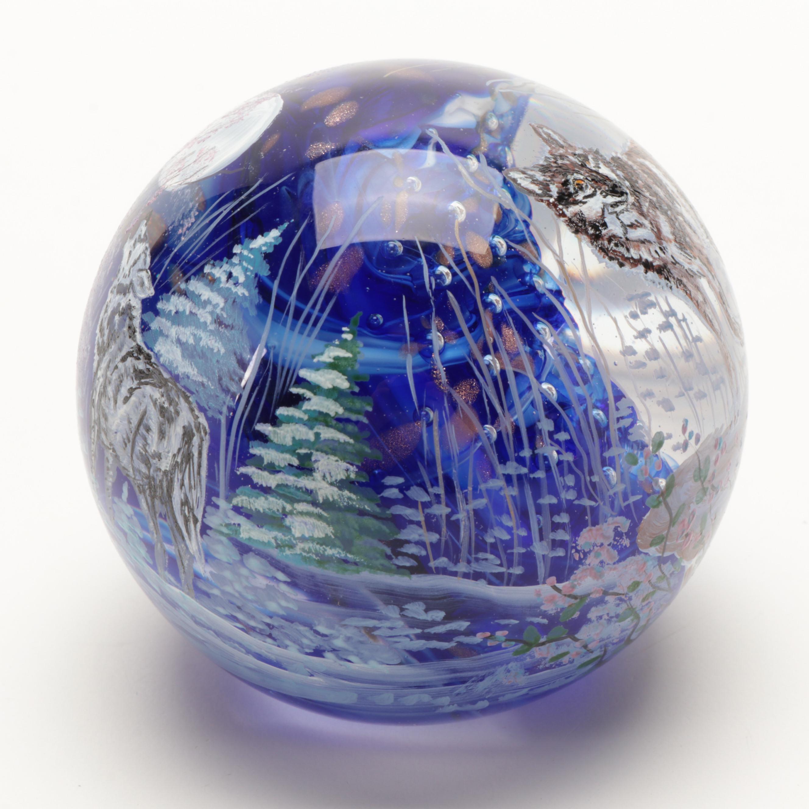 Sam Hogue and Julia Powell Handcrafted and Painted Wolf Motif Glass Paperweight