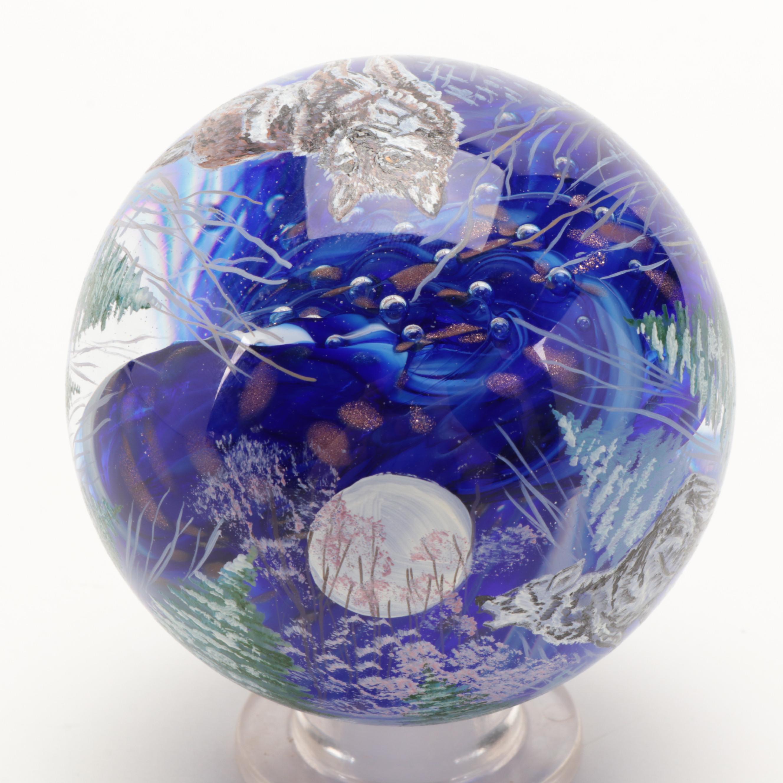 Sam Hogue and Julia Powell Handcrafted and Painted Wolf Motif Glass Paperweight