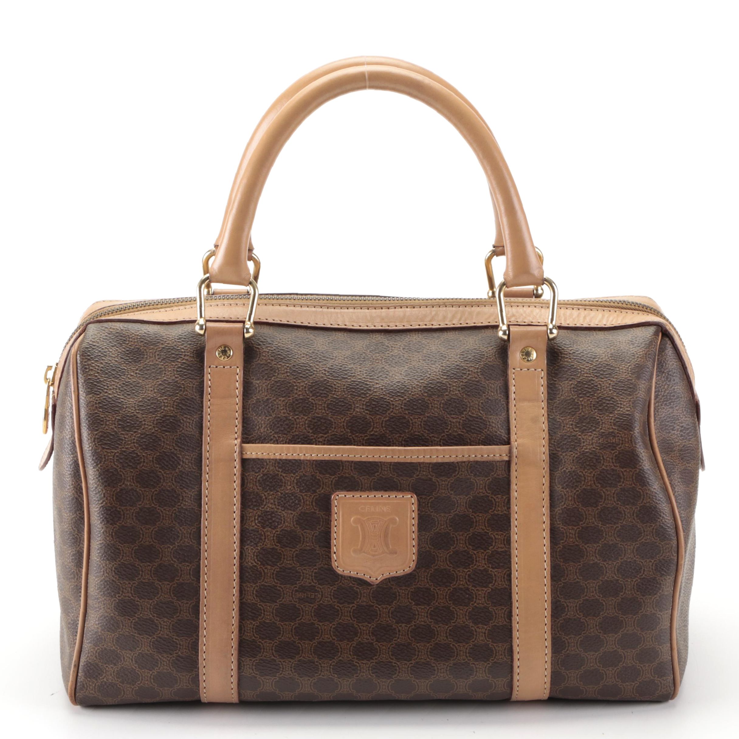 Celine Medium Boston Bag in Macadam Coated Canvas and Leather