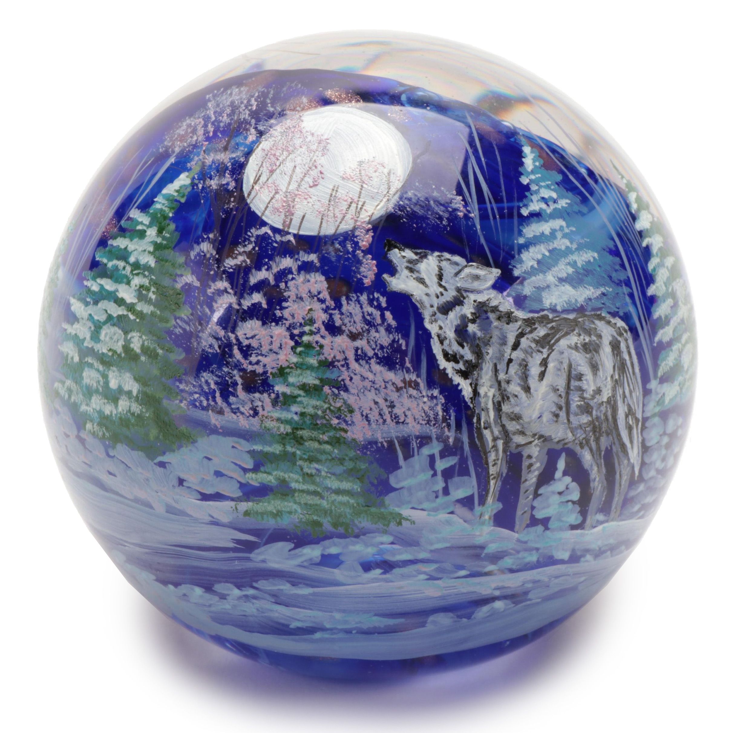 Sam Hogue and Julia Powell Handcrafted and Painted Wolf Motif Glass Paperweight