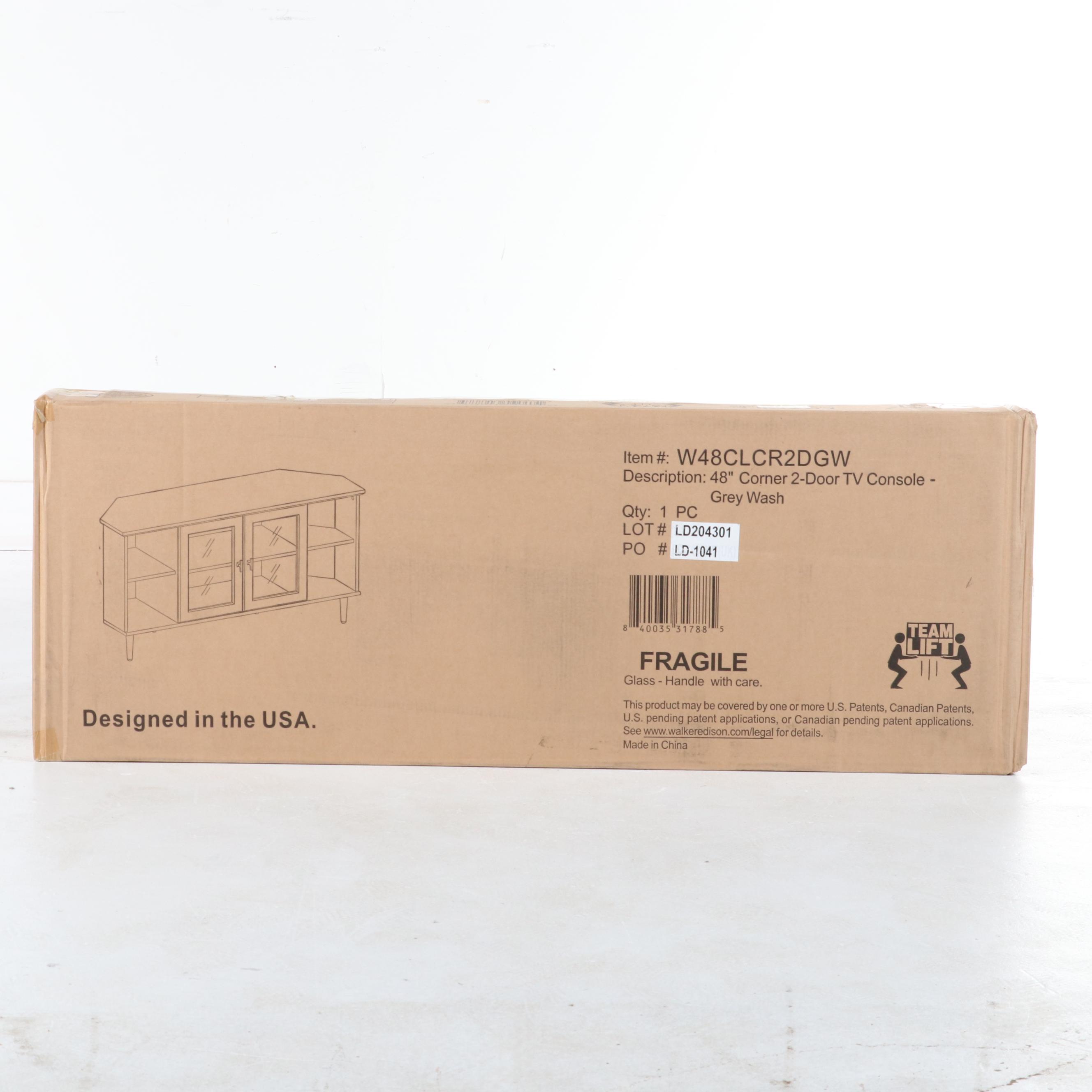 Walker Edison 48" Simple Glass Door Corner TV Stand in Grey Wash